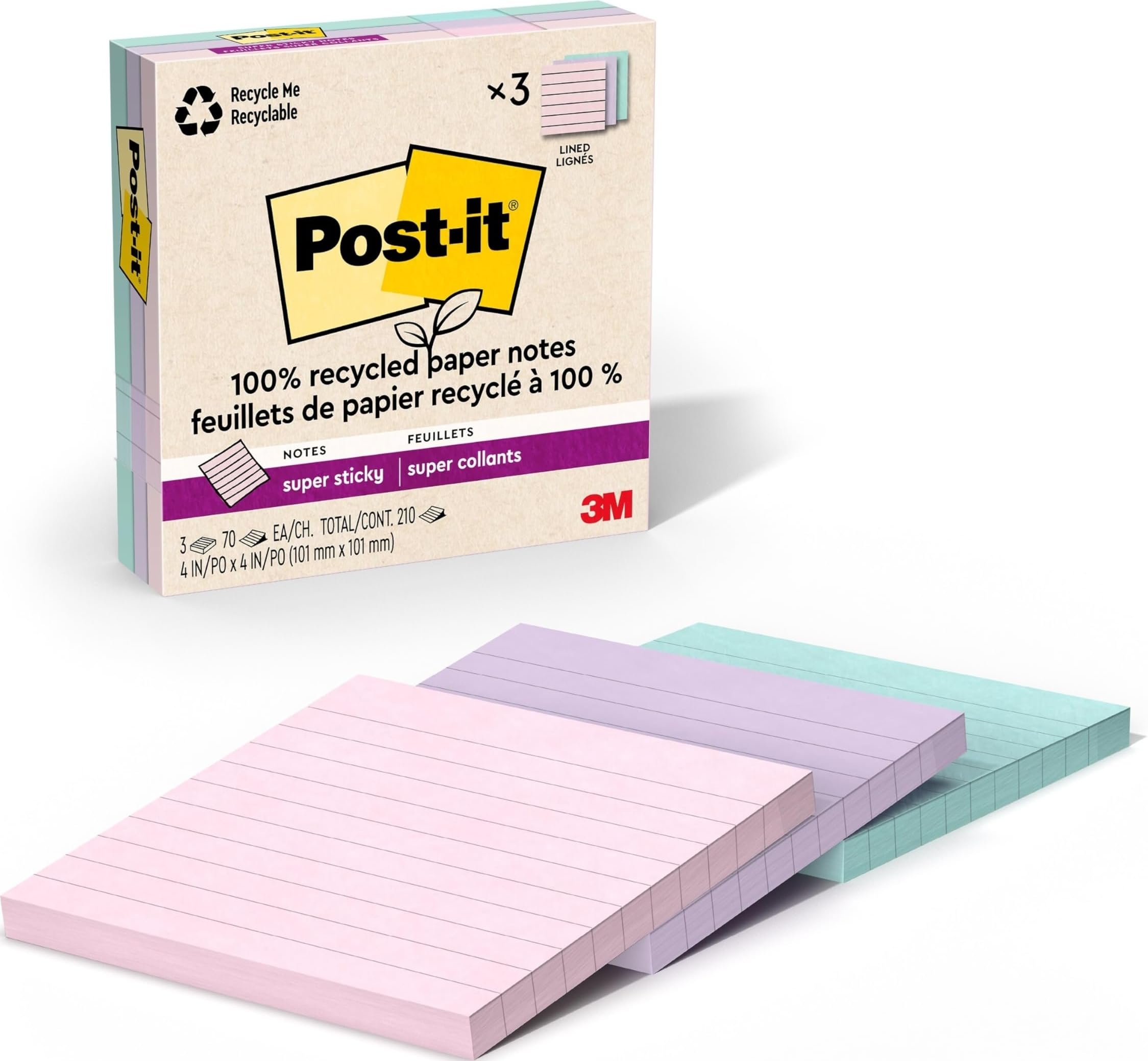 Post-it 100% Recycled Paper Super Sticky Notes, 2X The Sticking Power, 4x4 in, Lined, 3 Pads, 70 Sheets/Pad, Wanderlust Pastels Collection (675R-3SSNRP)