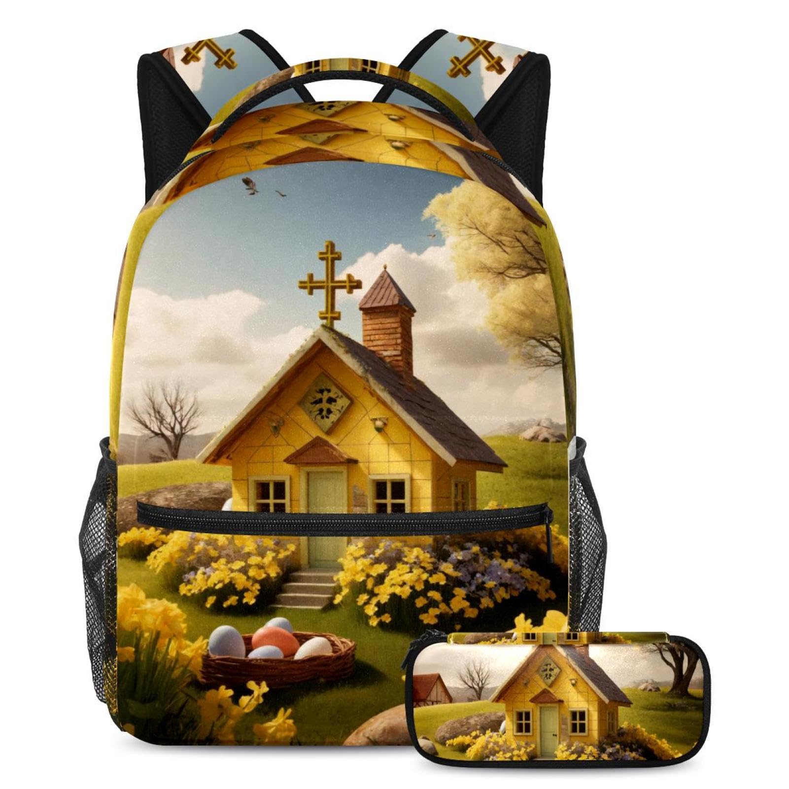 Sac à dos maison de Pâques jaune et trousse pour le collège