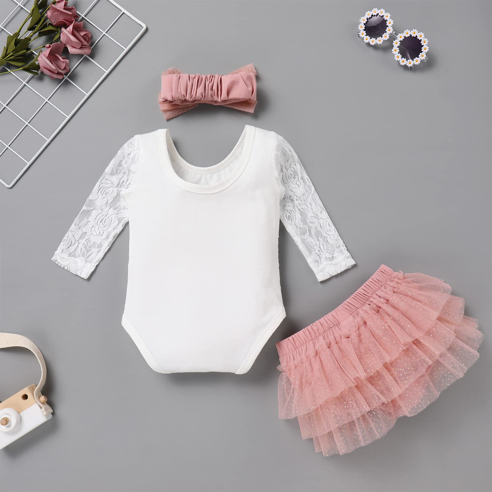 FYMNSI Baby Mädchen 1. Geburtstag Fotoshooting Outfit Spitze Langarm Body + Tütü Rock + Stirnband 3tlg Bekleidungsset