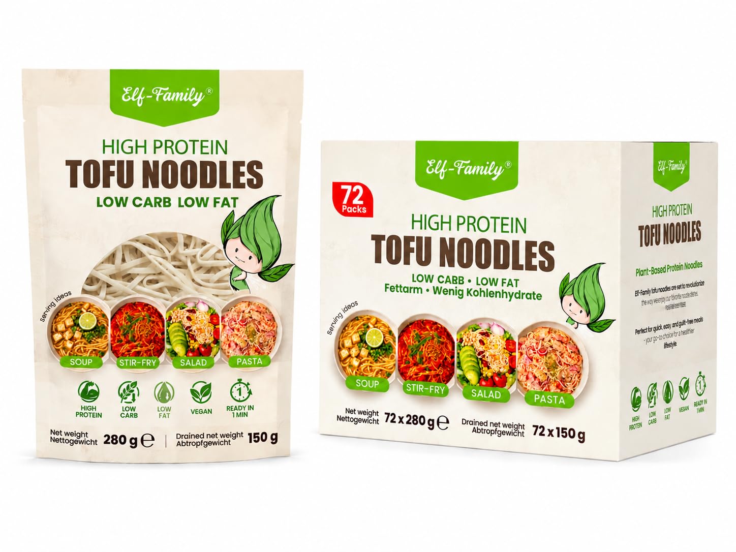 Elf-Family 280g×72er pack Tofu-Nudeln - Instant Nudeln High Protein,Weniger Kohlenhydrate, Low Carb, Vegan, schnelle Zubereitung, Authentisch aus Thailand, Low Fat/Zuckerfrei