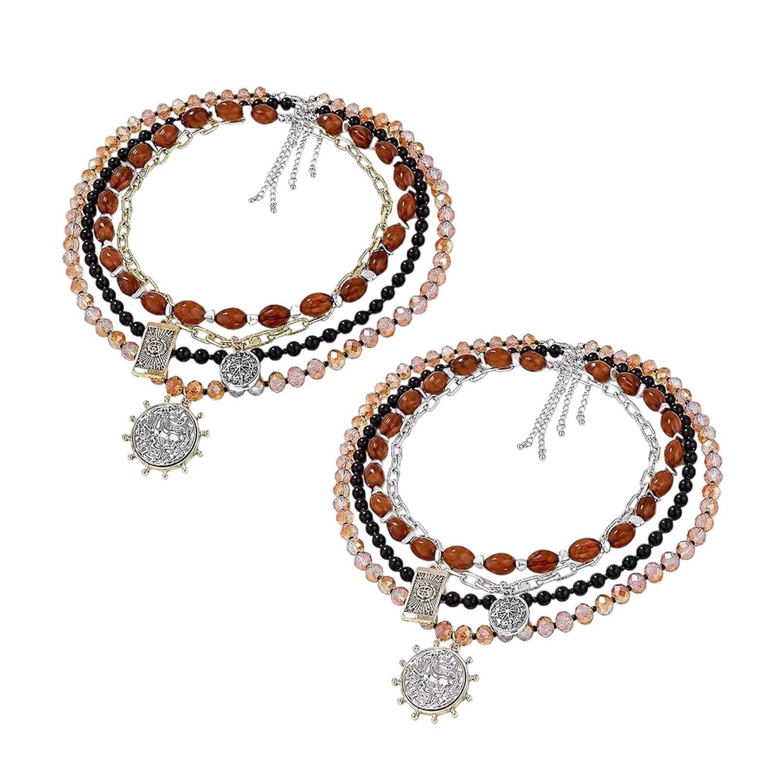 Collar Retro De Cuentas Multicapa, Collar Llamativo Estilo Bohemio | Collar Grueso De 4 Piezas Con Cuentas Multicapa, Cierres De Broche Y Cadenas De ExtensióN, Ligero Y Ajustable Para Mujer.