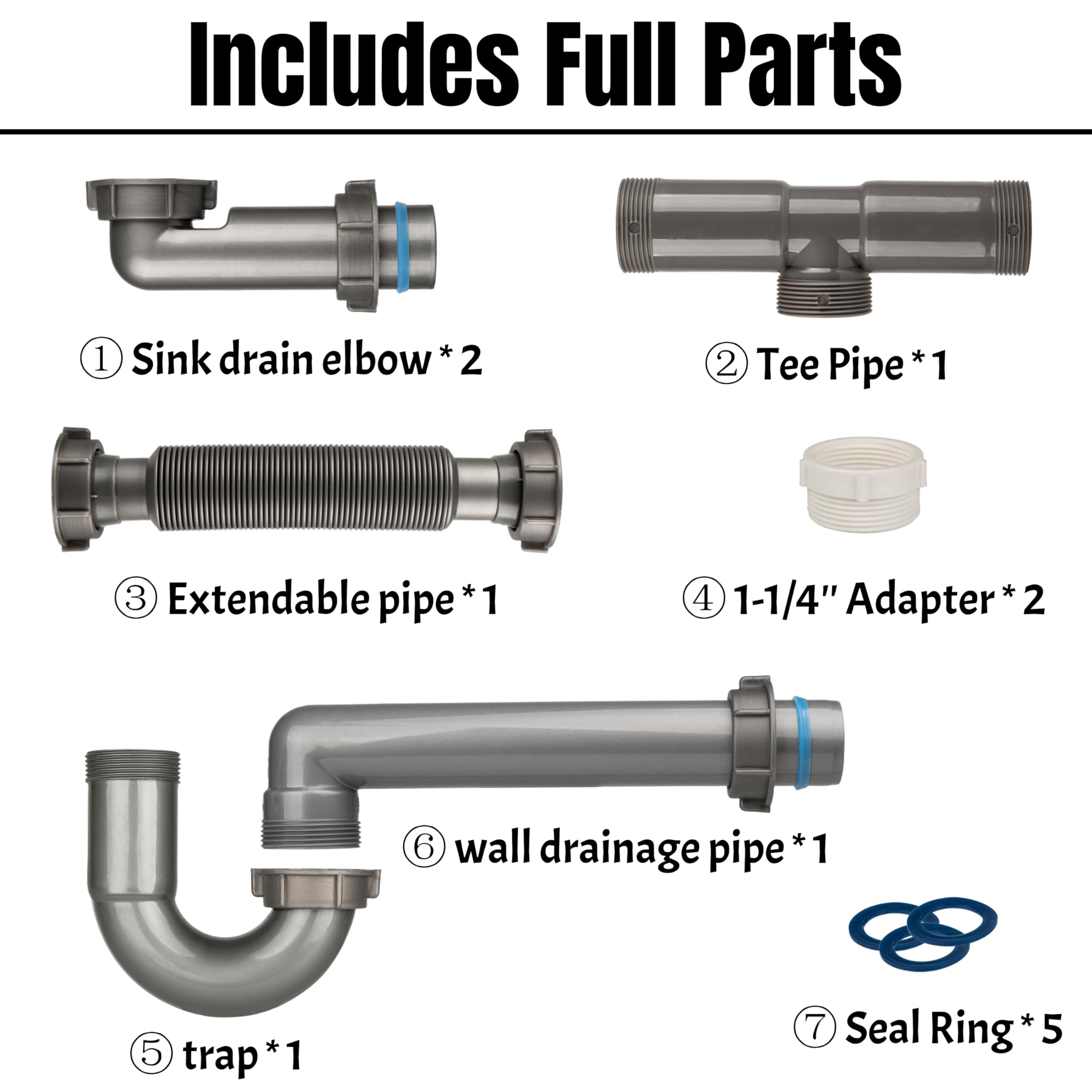 Kit de tubo de drenaje doble para fregadero de cocina de 1-1/2 pulgadas, trampa P expandible y flexible, toma de pared, kit de repuesto completo de tubería de fregadero