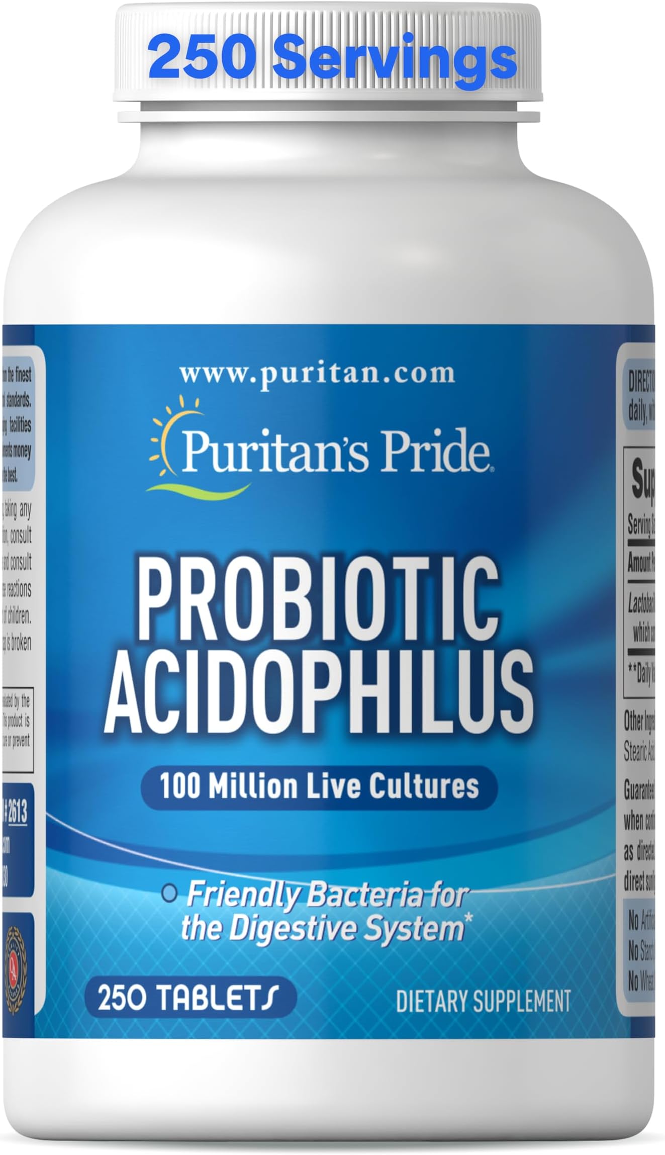 Daily Probiotic Acidophilus, 100 Million Live Cultures, Dietary Supplement for Digestive, Gut, and Immune Health, Soy, Sodium, and Gluten Free, 8 Month Supply, 250 Tablets