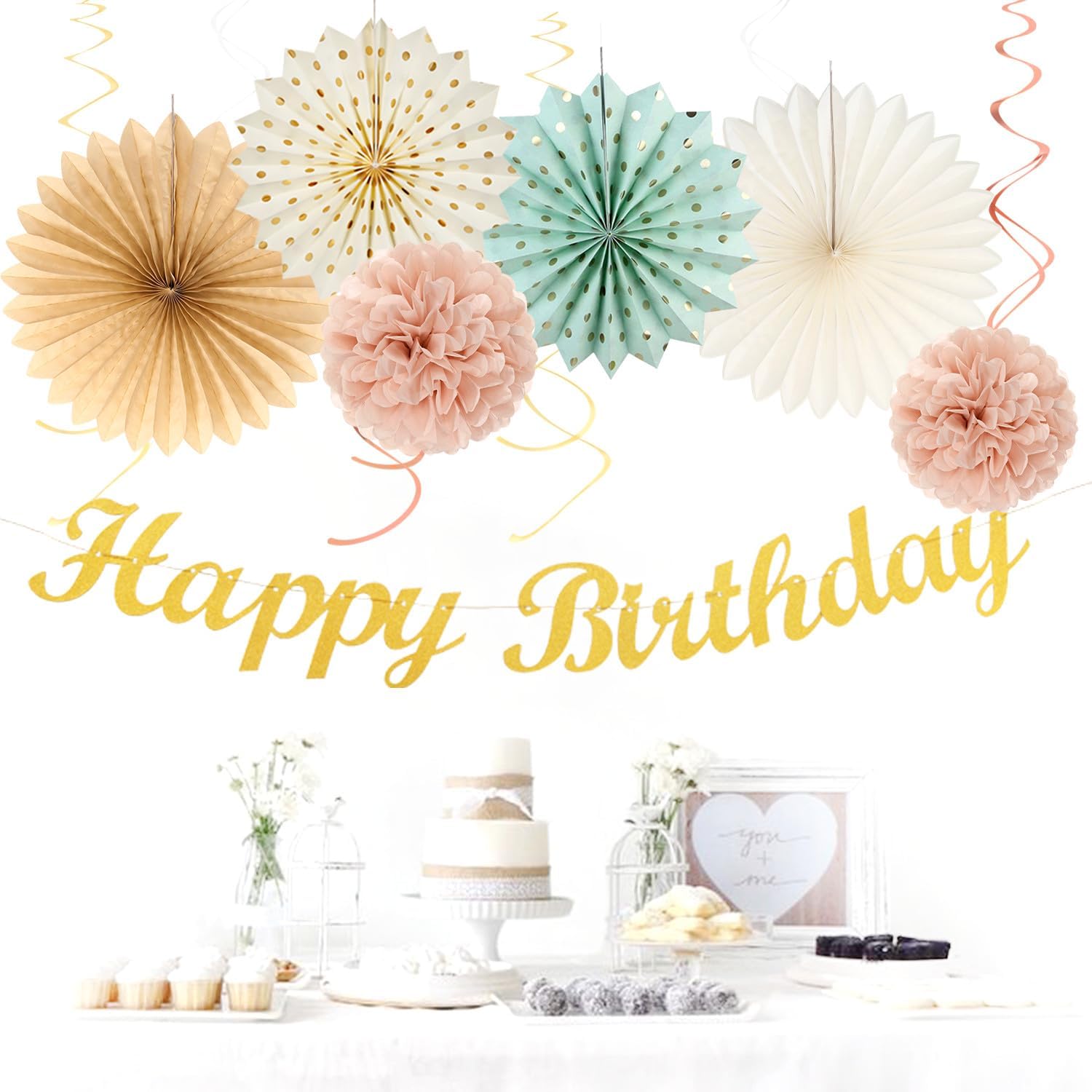 Sage-Green Blush-Pink Beige Birthday Party-Decorations - 21pcs Happy Banner,Cream Light Dusty Pink Paper Lanterns Pom Poms,Rustic Boho Neutral Streamers Garland,Women Girls Decor Supplies Huglony - Image 6