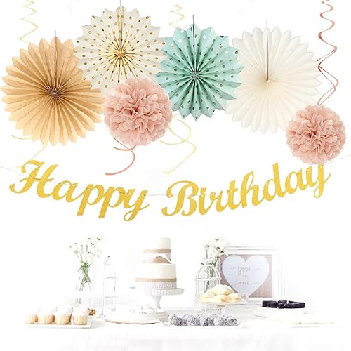 Miniatura 6 de Decoraciones de fiesta de cumpleaños verde salvia-rosa rubor-beige - 21 piezas pancarta Happy, faroles de papel crema rosa polvoriento claro, Verde