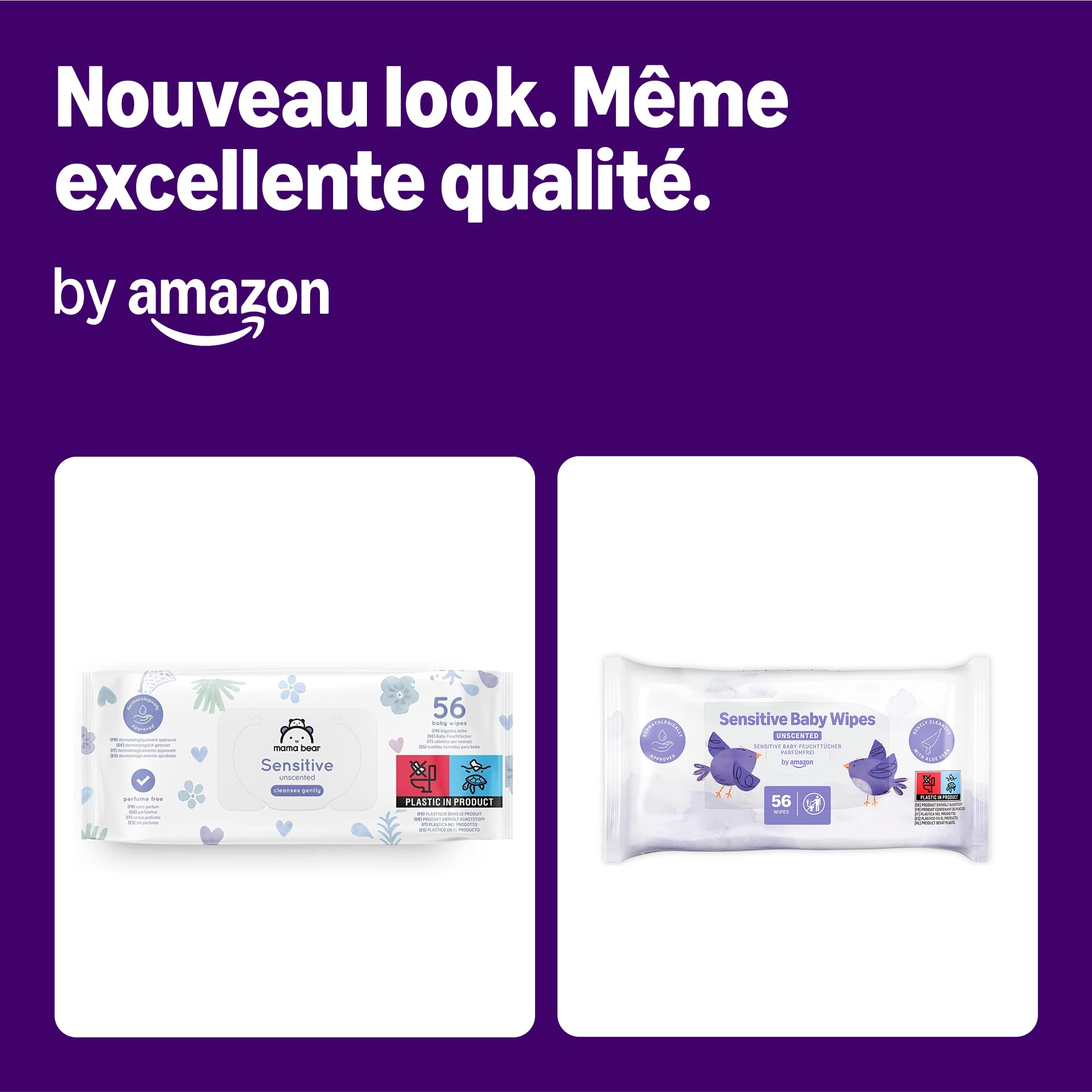 by Amazon Lingettes bébé sensibles, 1008 lingettes, non parfumées, lot de 18 paquets de 56