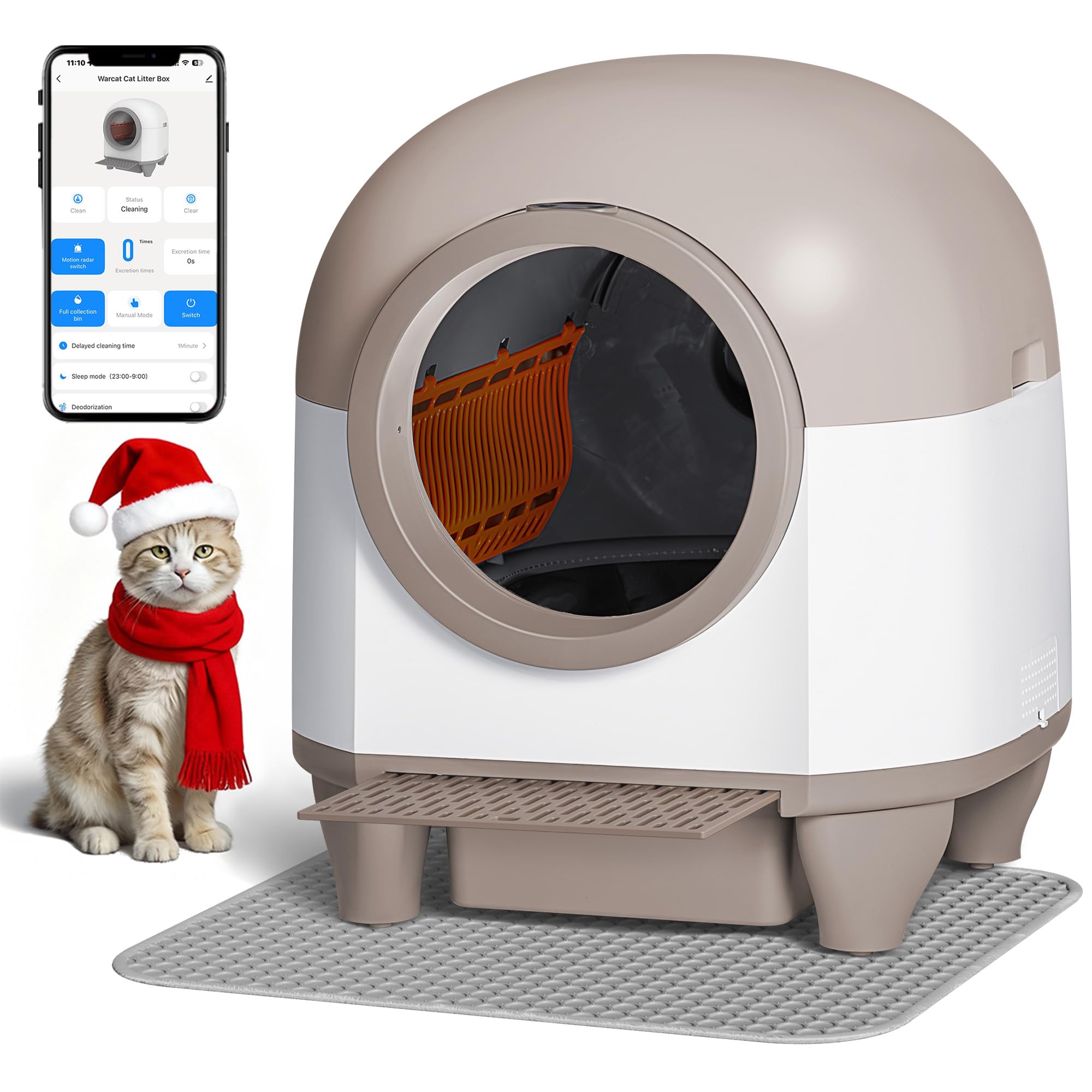 GUNJI Automatic Self-Cleaning Litter Box, 90L Large Capacity for Multiple Cats - APP Controlled with Safety Protection, Included Litter Mat & 1 Roll Garbage Bags (Brown)