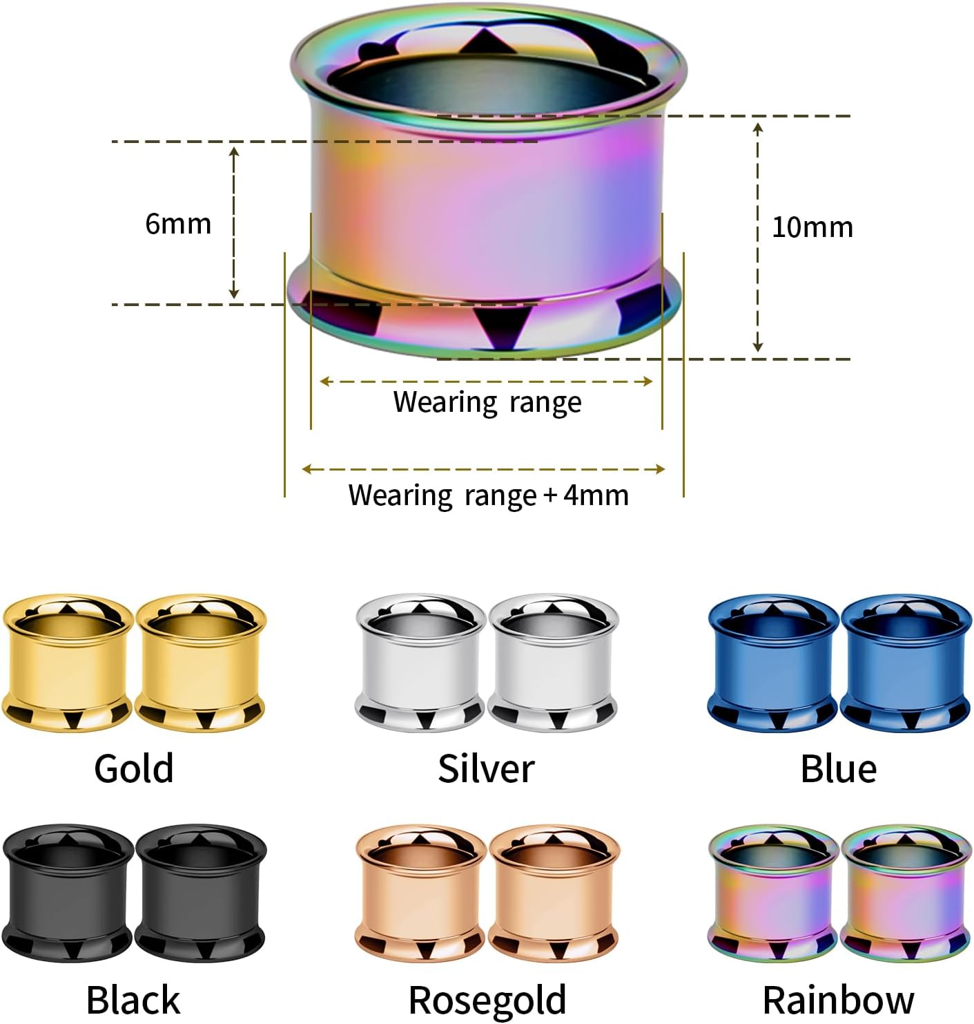 Longbeauty Colorful Stainless Steel Screwed Double Flared Ear Tunnels Expander Plugs Stretcher 12pcs Set Gauges 3mm-25mm