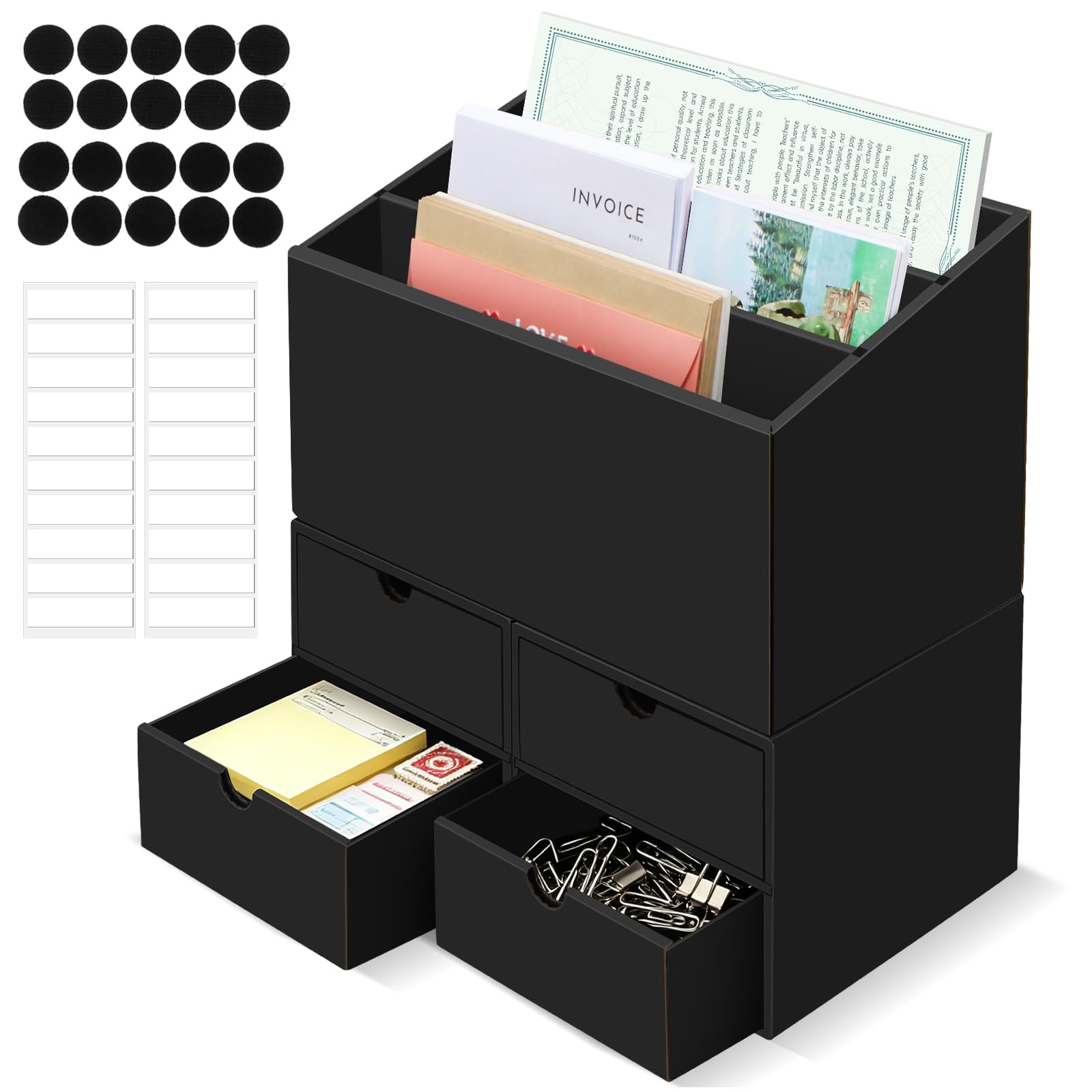 QLOUNI Black Drawer Organiser, Multi-Compartment Desktop File Organiser, Cardboard Desk Storage Box, Office Desk Tidy with 3-Tier Rack & 2 Vertical Drawers, 1 Sets