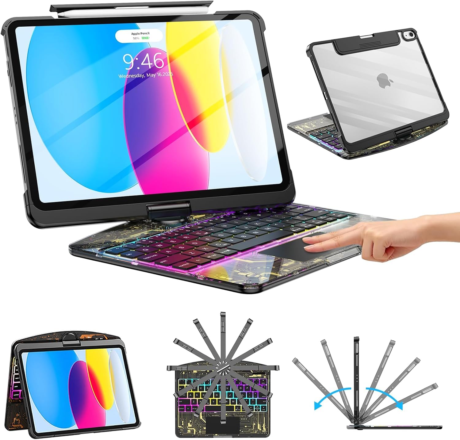 Funda de teclado para iPad A16 de 11ª generación de 11 pulgadas 2025 y 10ª generación de 11.9 pulgadas 2022, funda protectora transparente para teclado inalámbrico con trackpad multitáctil