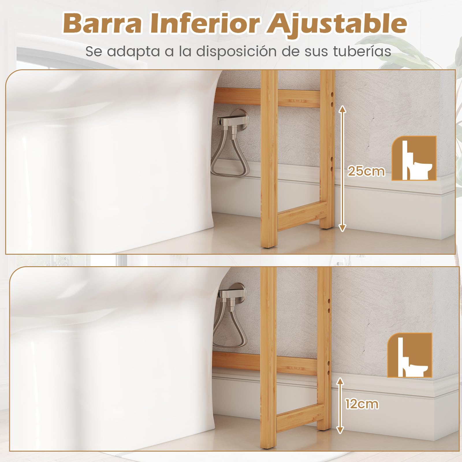 COSTWAY Estantería de Almacenamiento sobre Inodoro, Organizador de Baño de Bambú de 3 Niveles con Estantes de 5 Posiciones, 3 Ganchos, Barra Inferior Ajustable, Ahorra Espacio para Cuarto de Lavado