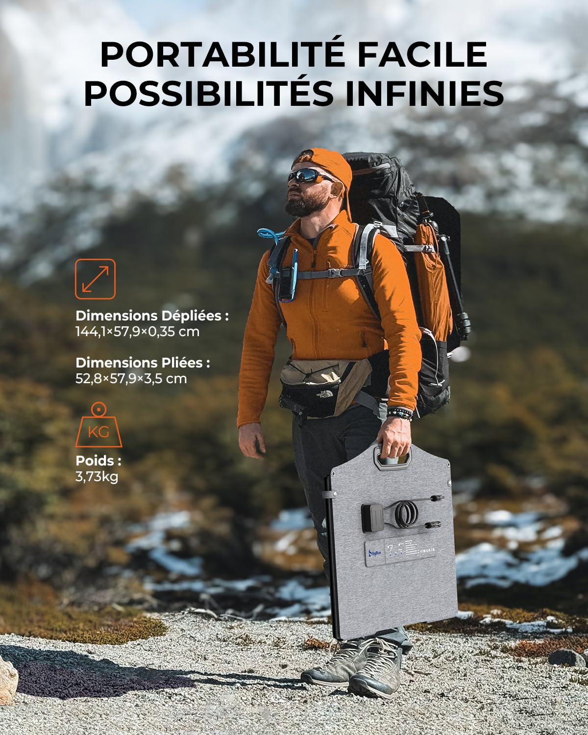 BigBlue 150W Panneaux Solaires Portable ETFE (20,8V/9,23A), Étanchéité IP68 | N-TYPE Chargeur Solaire Pliables avec Béquille, Câble Adaptateur MC-4 vers DC compatible pour Station d’alimentation Camping