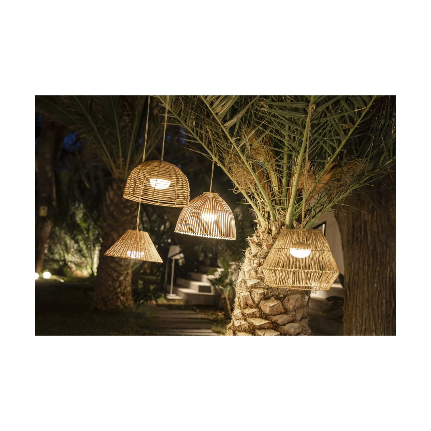 Suspension d'extérieur LED Rotin 3 intensités rechargeable Ø40cm naturel