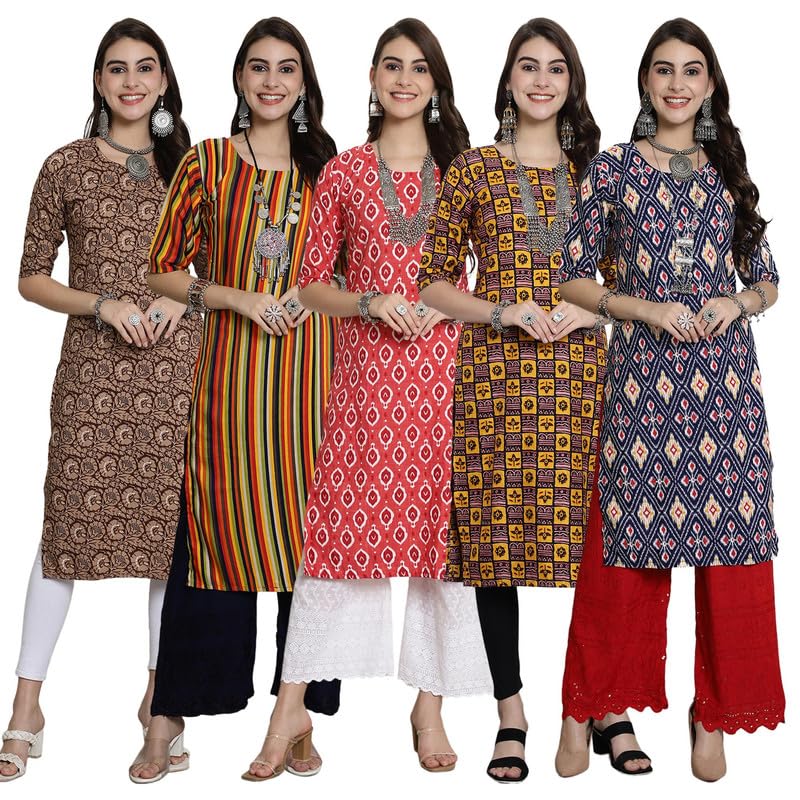 Pinkmint Women's Crepe Kurti For Women's Ethnic Printed Kurti For Women's (Pack Of 5)