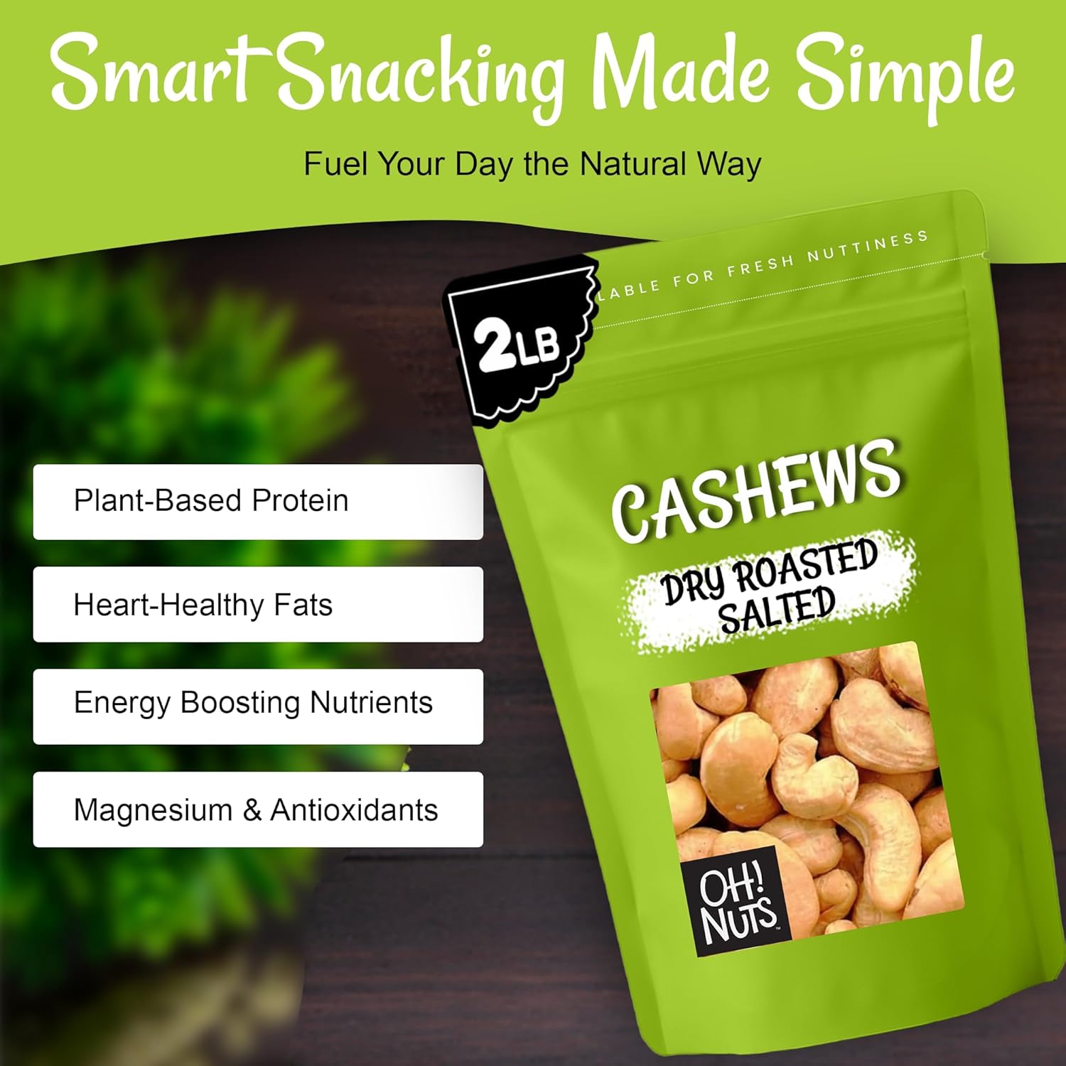 Oh! Nuts Cashews Roasted Salted - 2 lb - Oven Dry Roasted Cashews - Packed in New York Zip-Seal Bag for Exceptional Freshness