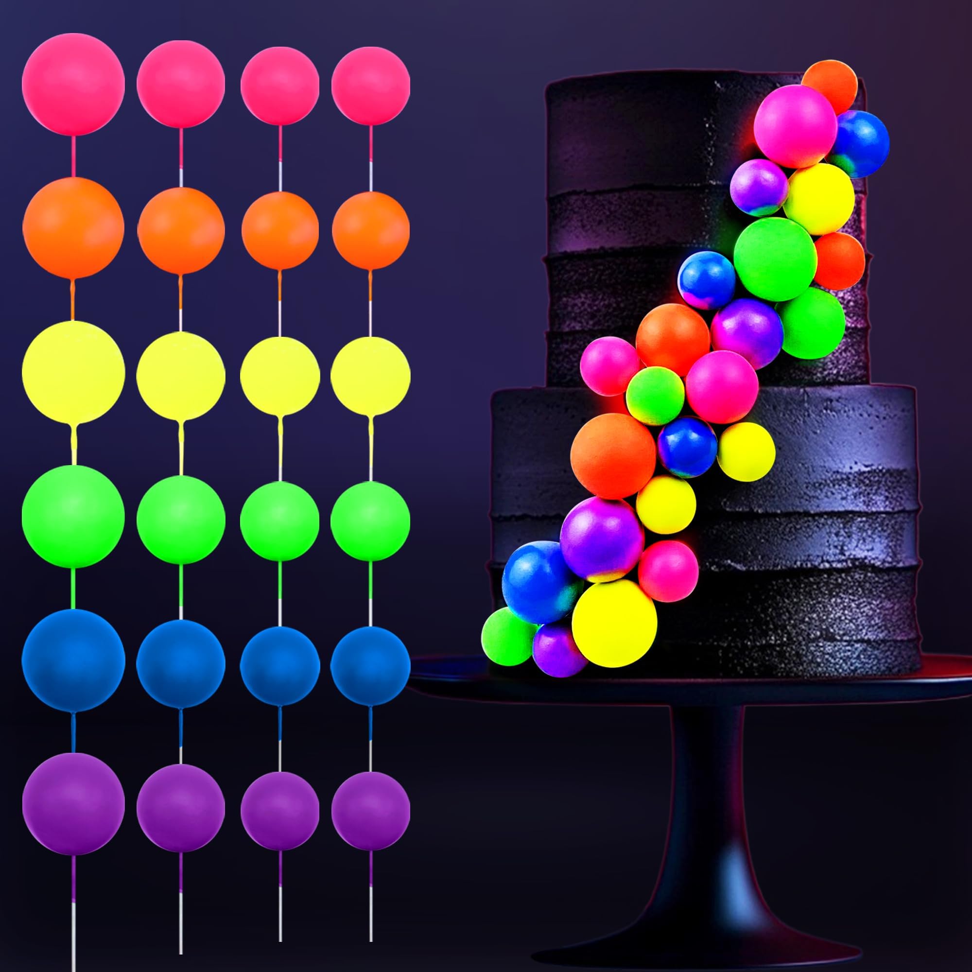 24 PCS Glow Cake Picks 3 Sizes UV Reactive Party Decorations for Neon Cakes Black Light Party Supplies in 6 Colors