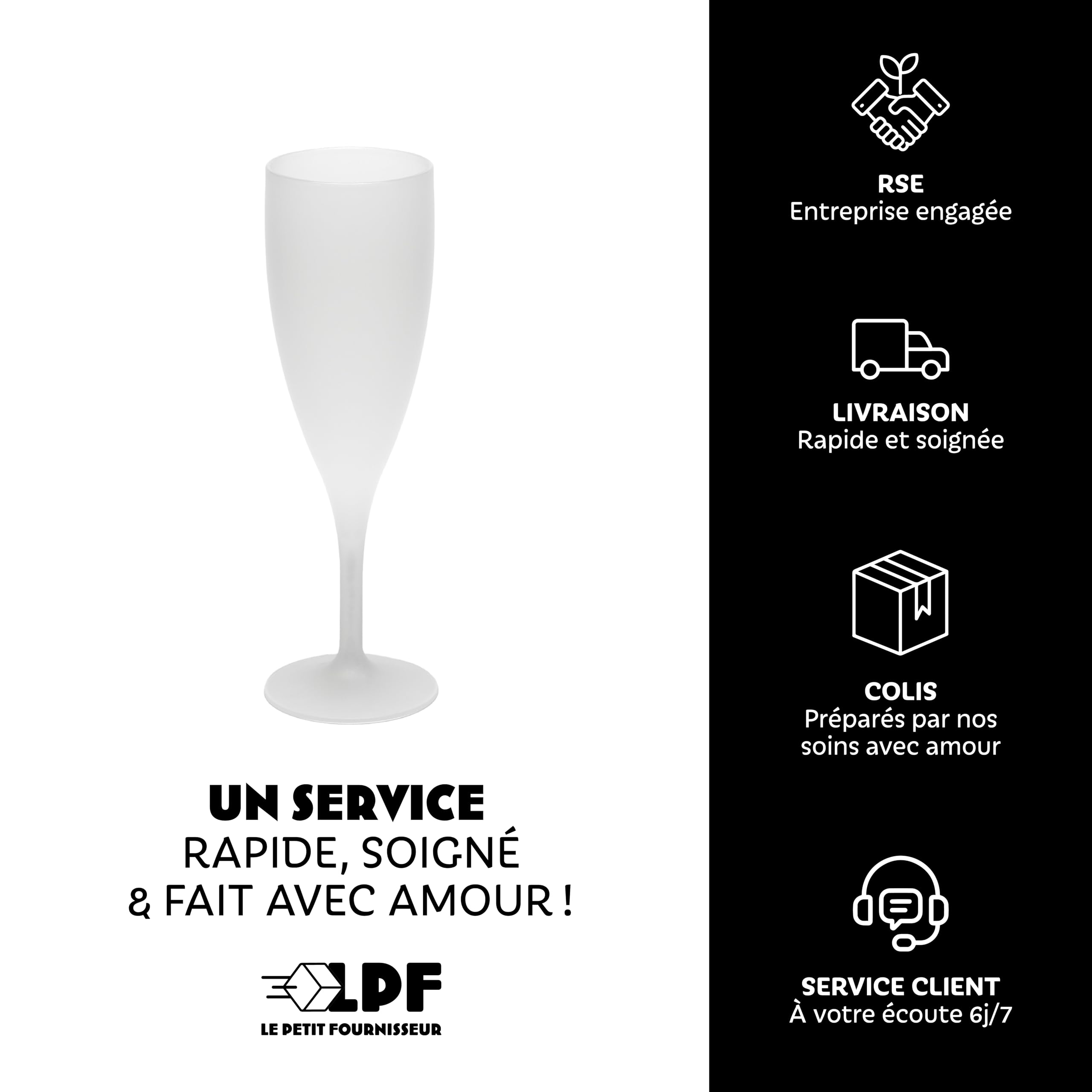 LPF LE PETIT FOURNISSEUR - Lot de 50 Flûtes à champagne réutilisables 12cl (15cl max) - Polypropylène plastique alimentaire - Verre à champagne durable - Compatible lave-vaisselle - Couleur givrée