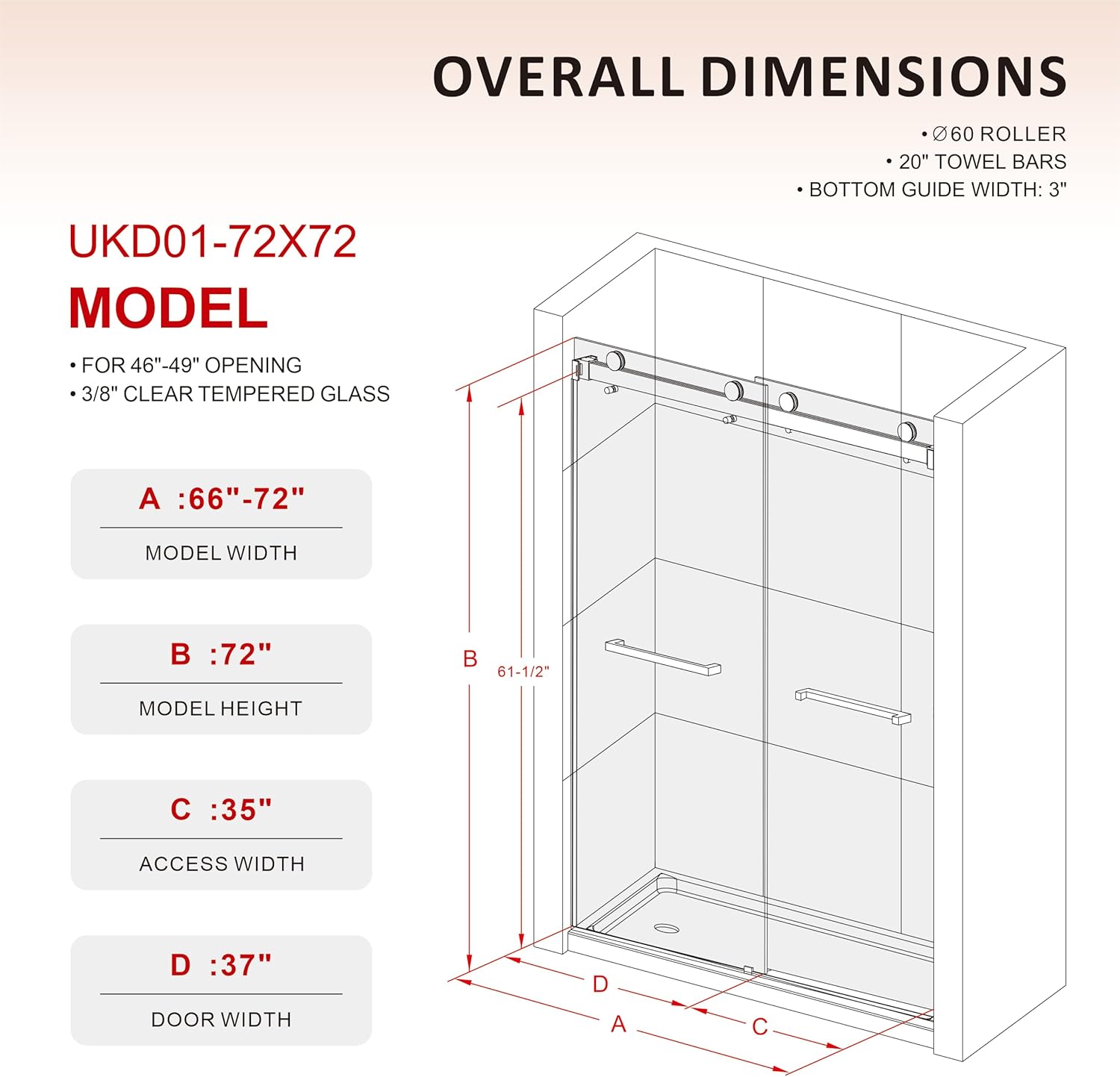 66"- 72" W x 72" H Frameless Double Sliding Shower Door, Stainless Steel Bypass Shower Door and Two Towel Bars in Matte Black with 3/8" (10mm) Certified Tempered Clear Glass UKD01-72X72-TT-MBL