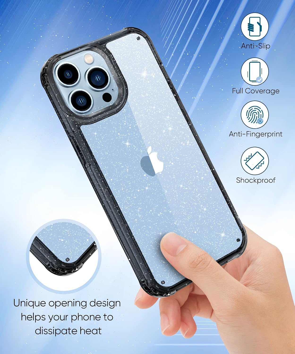 MIODIK for iPhone 13 Pro Case with Screen Protector + Camera Lens Protector, Clear Glitter Crystal Women Girls Protective Shockproof Phone Case, Slim for iPhone 13 Pro Cover 6.1 inch - Clear Black