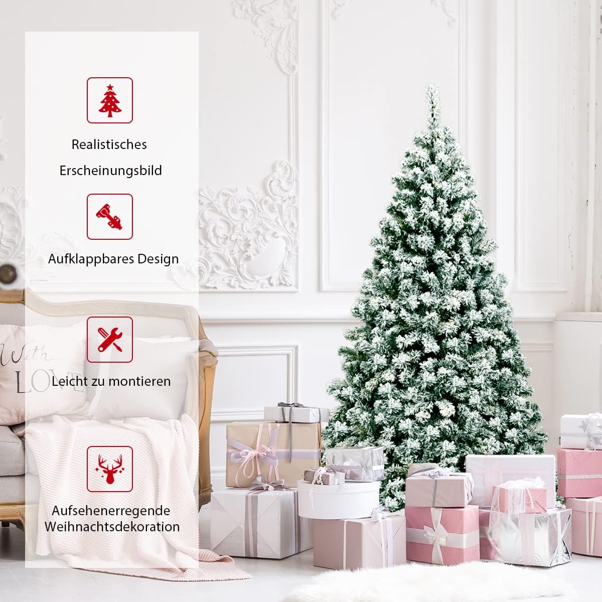 COSTWAY 135/180/225cm Künstlicher Weihnachtsbaum mit Schnee und warmweißen LED-Leuchten, Tannenbaum mit Metallständer, Christbaum PVC Nadeln, Kunstbaum Weihnachten grün (180cm)