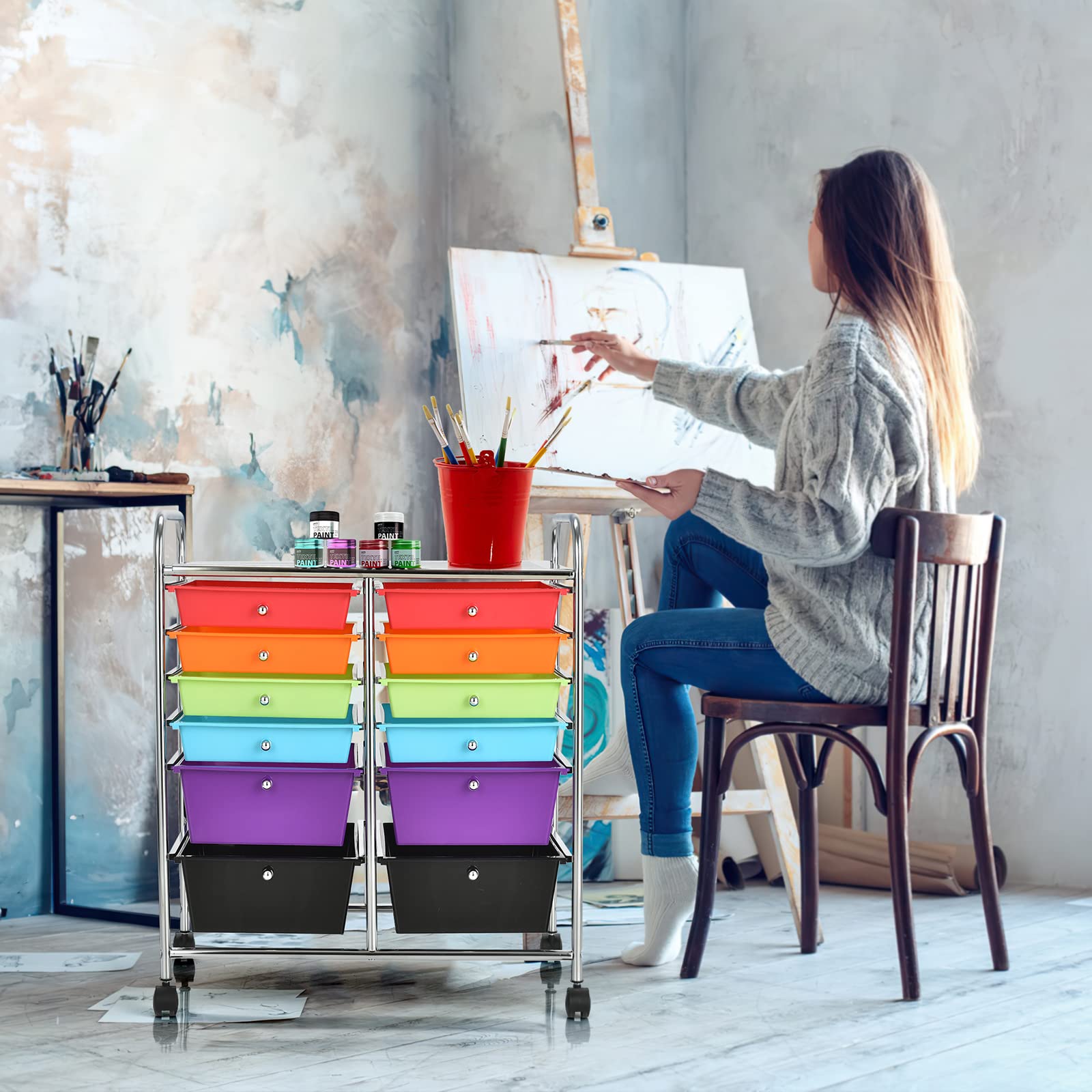 COSTWAY Chariot à roulettes avec 12 tiroirs empilables, chariot de rangement pour bureau, salon (multicolore)