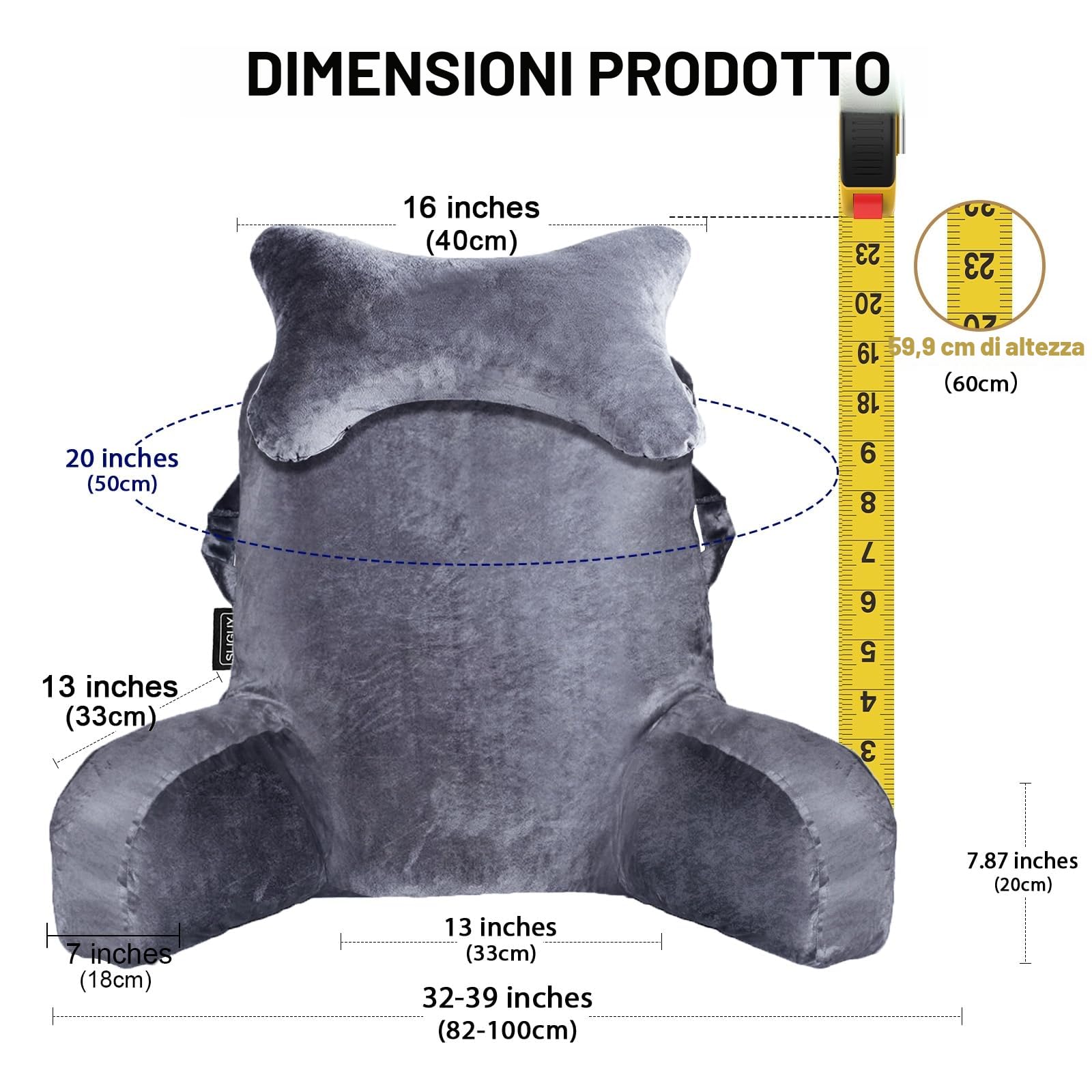 SLIGUY - Cuscino da lettura per sedersi a letto, divano, cuscino per la schiena con supporto per braccia e tasche, cuscino sedia da letto per riposare, leggere, guardare la TV, giocare per ragazzi e