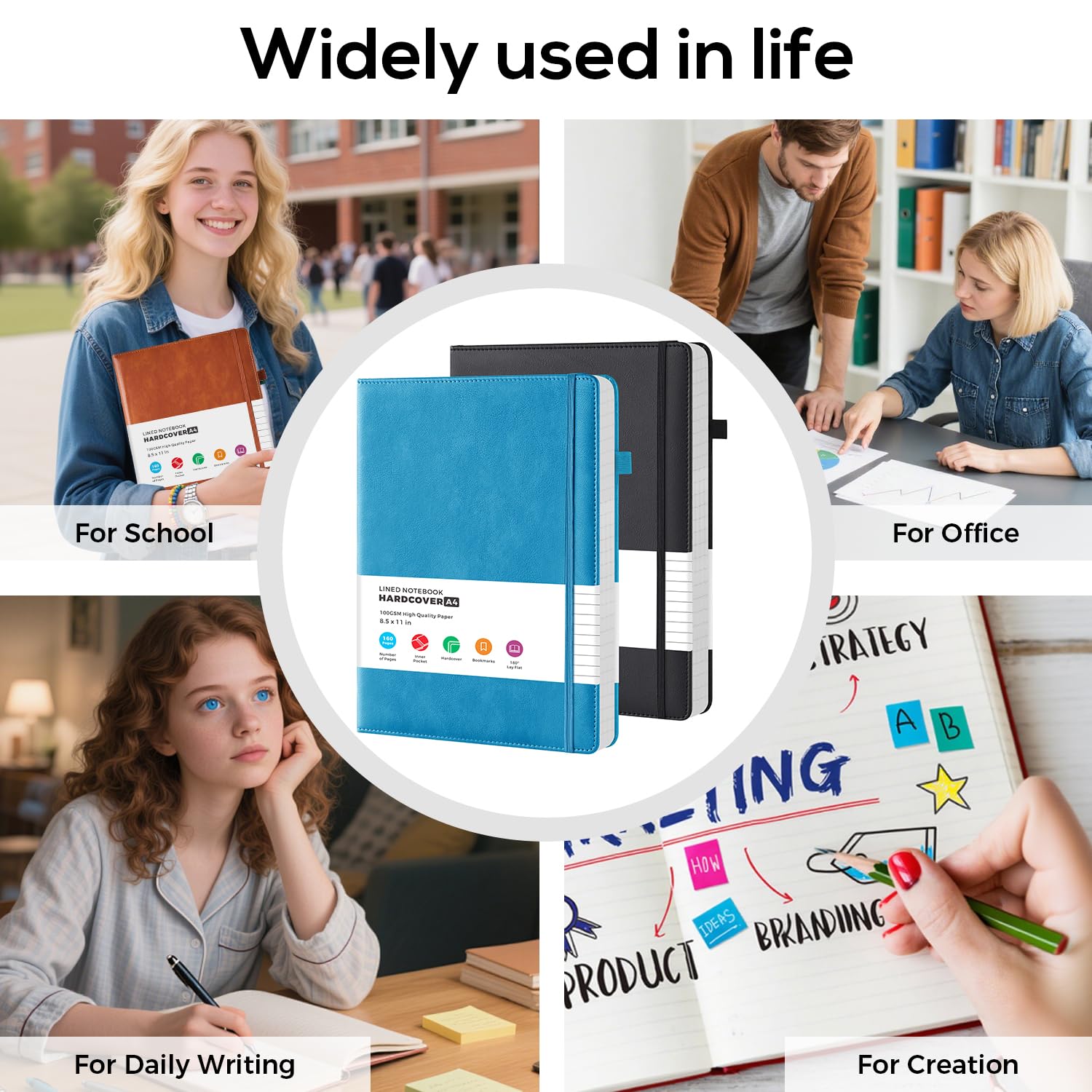 FOCUS DAY Taccuino A4 con copertina rigida, (2 pezzi), formato A4, per donne e uomini, per scrivere, formato A4 (21,5 x 28 cm), con carta a righe da 100 g/m², portapenne, copertina in pelle PU, blu e