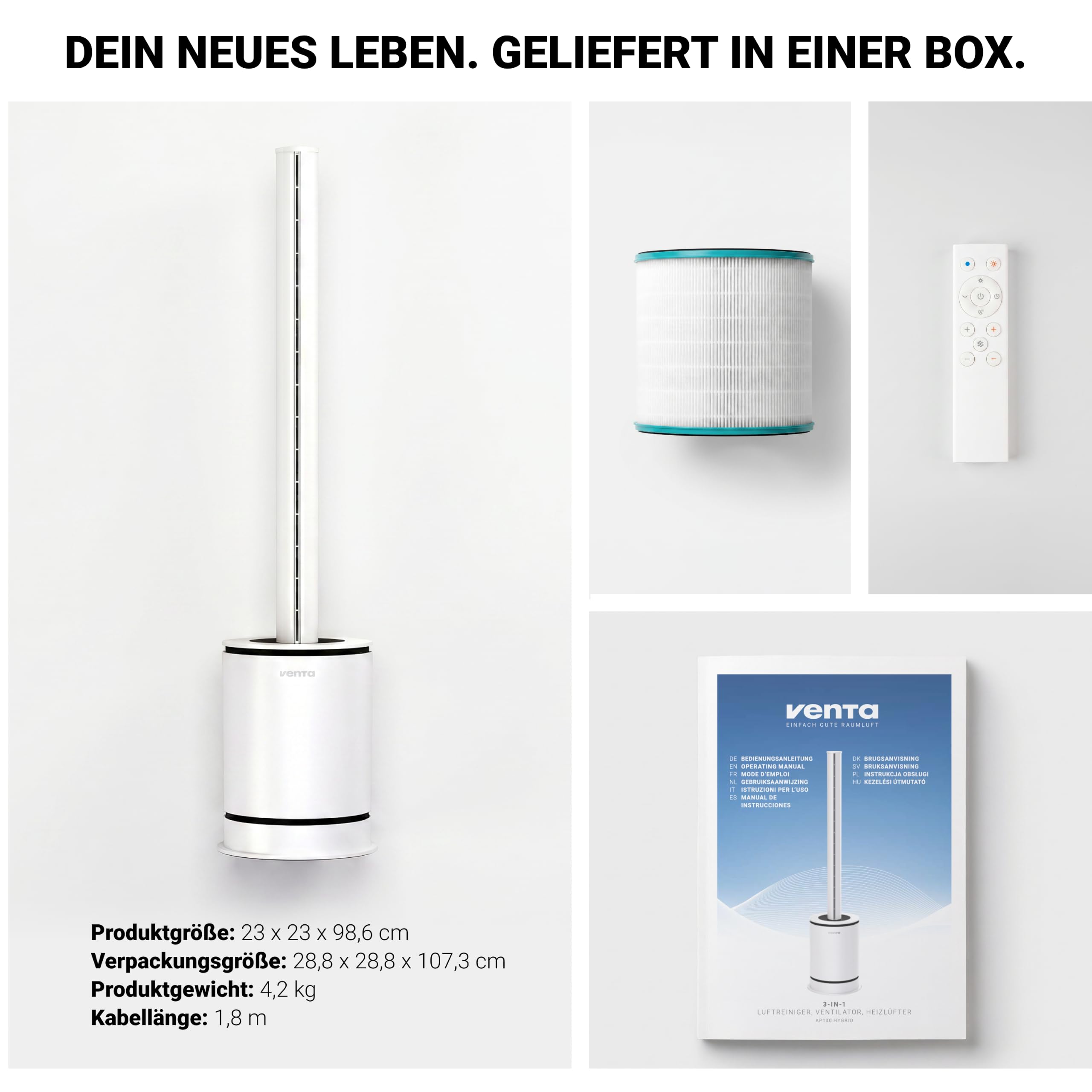 VENTA AP100 Hybrid 3-in-1 Luftreiniger, Ventilator und Heizlüfter | Für Räume bis 70m² | 80° Drehung | 9 Stufen + Turbomodus | Leiser Turmventilator mit Fernbedienung | App-Steuerbar