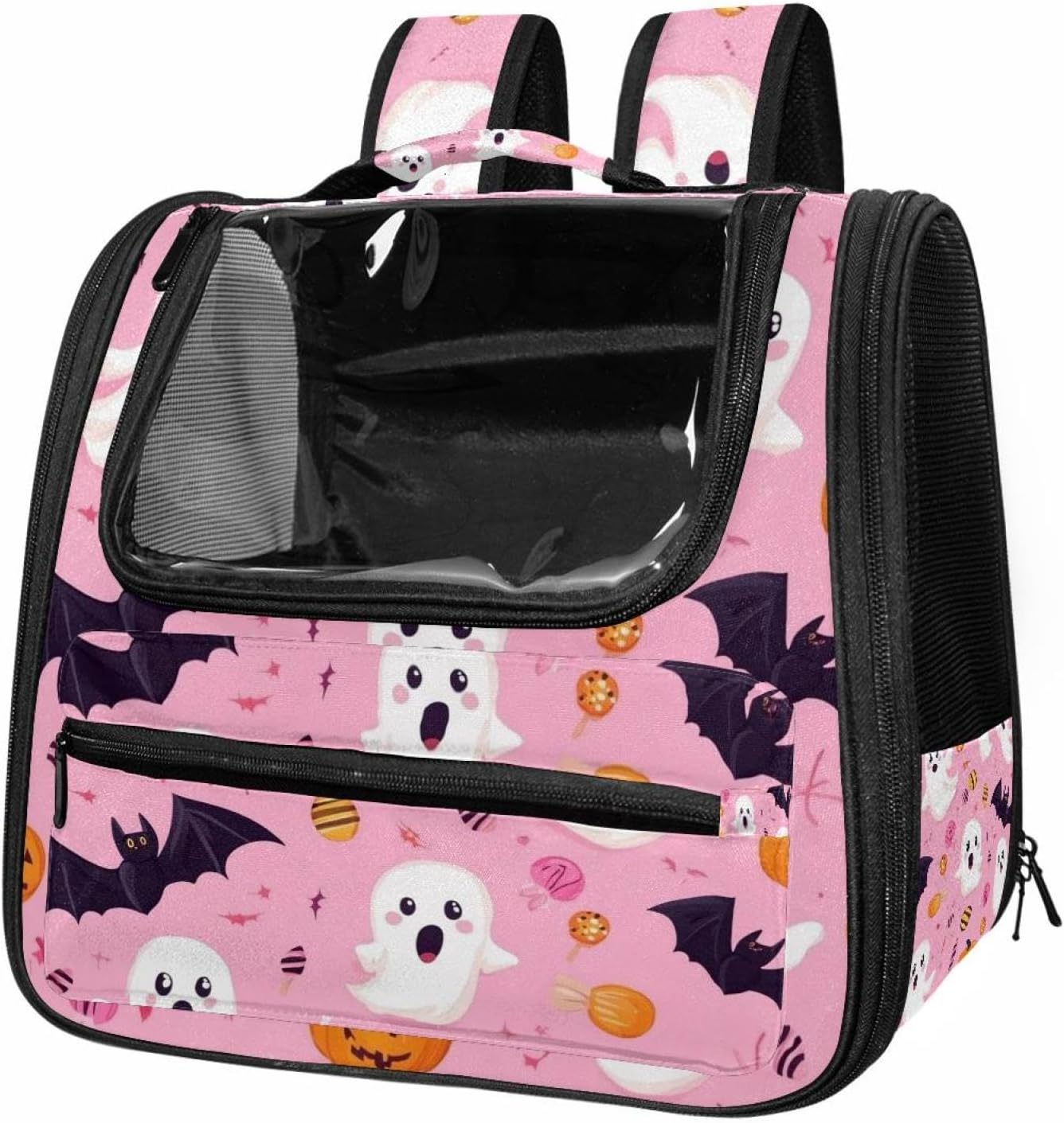 Portable Travel pet Backpack Carrier Hamster Bag Small Dog cat Carrier Breathable Hang Bag, Halloween Bats Candies Pumpkins