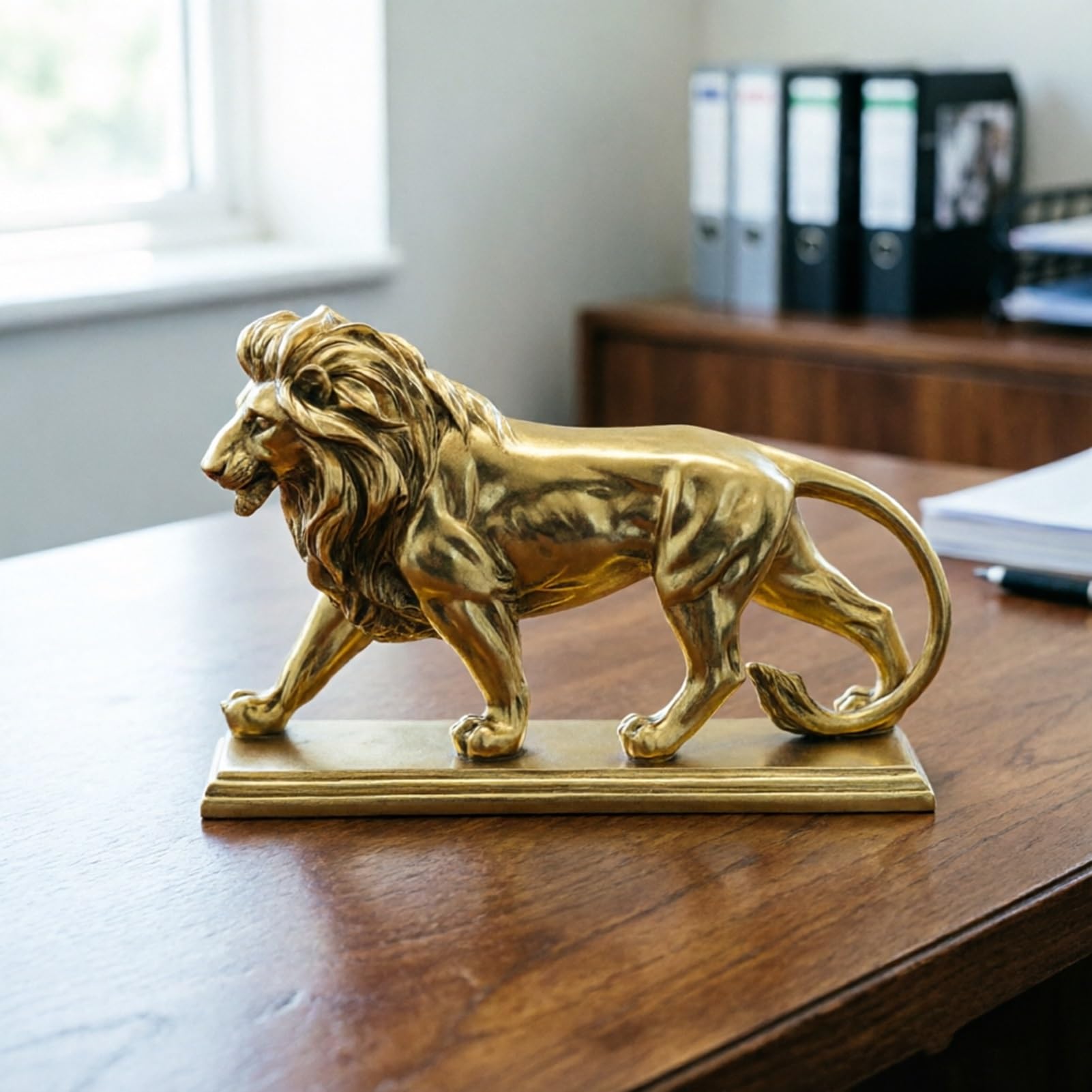 YUZDNM Walking Gold Lion Sculpture Decor, Majestic Luxurious Home Décor Accent for Living Room Office Entryway, Striking Decorative Ornament