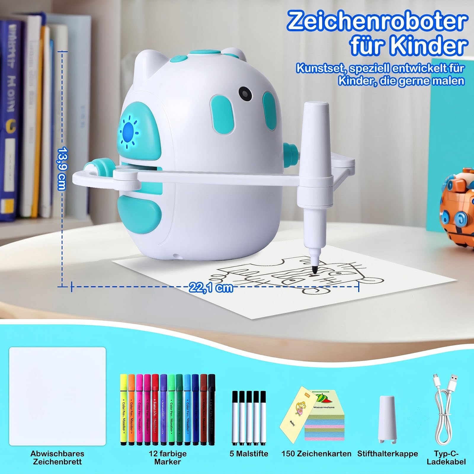 Zeichenroboter für Kinder 150 Lernkarten mit Sprachführung Montessori Malzeug Jungen & Mädchen 3-8 Jahre Geschenk Geburtstag Weihnachten (Englische Version)