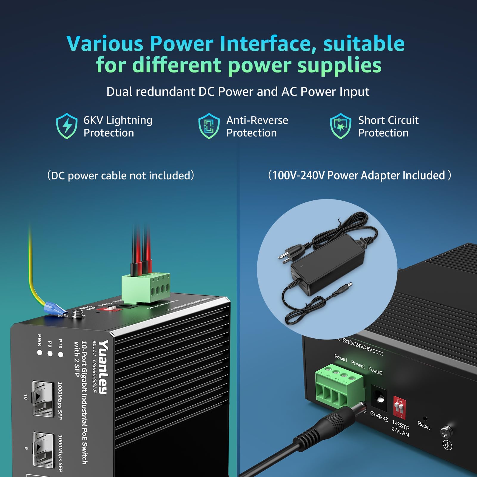 YuanLey Switch Industriale 10 Porte con 8 Porte PoE Gigabit & 2 Porte SFP, Switch PoE Non Gestito con Alimentatore 120W, IEEE802.3af/at, VLAN & RSTP, Switch Din-Rail per Telecamere IP, AP