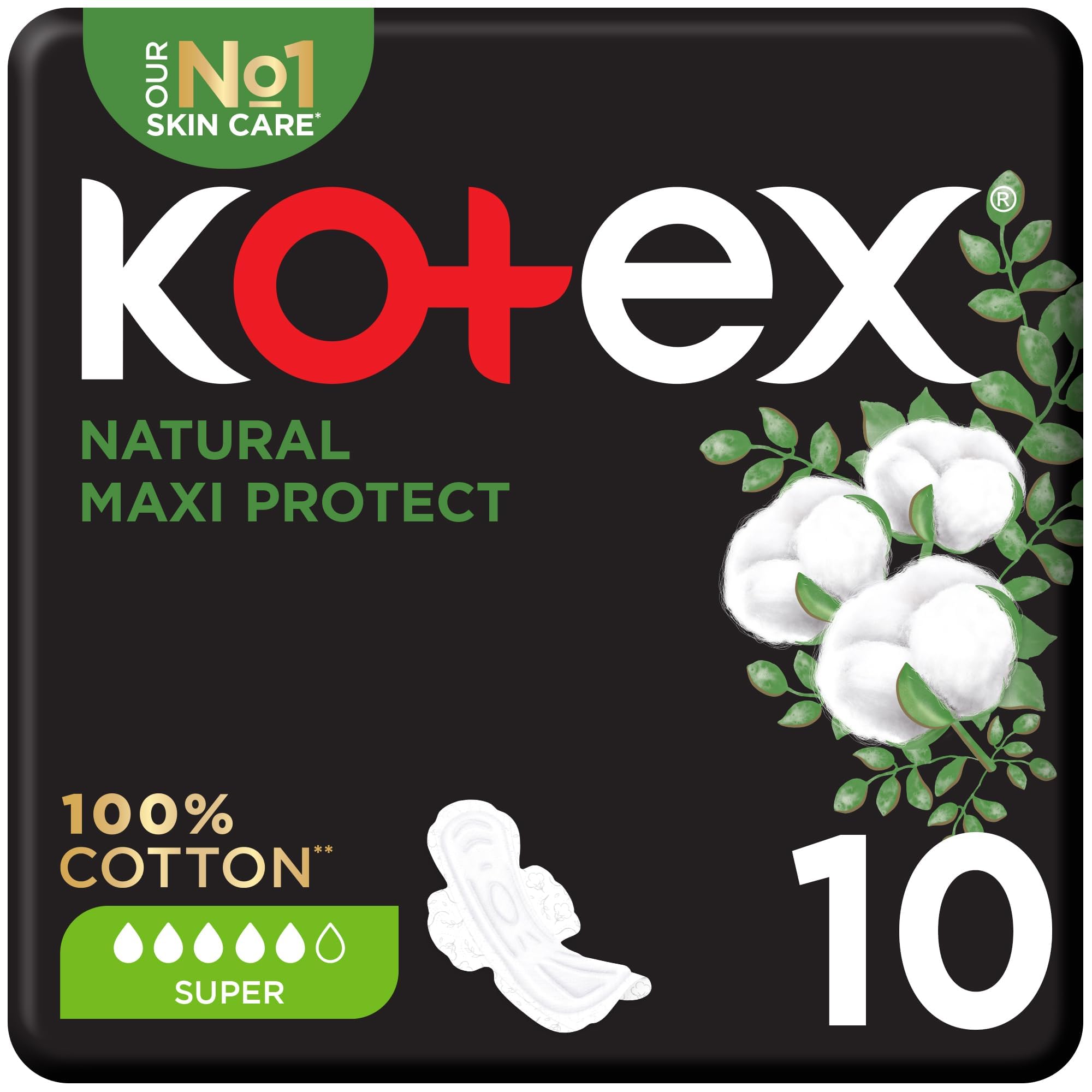 Kotex Natural Maxi Protect Super Sanitary Pads, 10 Count – Cotton-Feel High-Absorbency Day Pads with Soft Natural Cover for Heavy-Flow Days, Handy Compact Pack