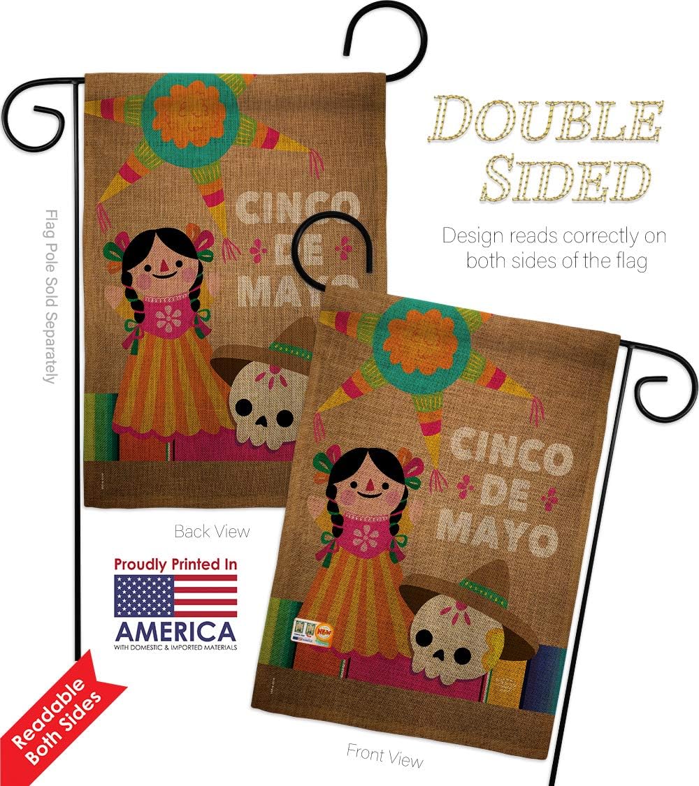 Cinco de Mayo Day Burlap Garden Flag Summertime Party Cactus Pinata Sombrero Mexican Fiesta Outdoor Small Decorative Gift Yard House Banner Double-Sided Made In USA 13 X 18.5
