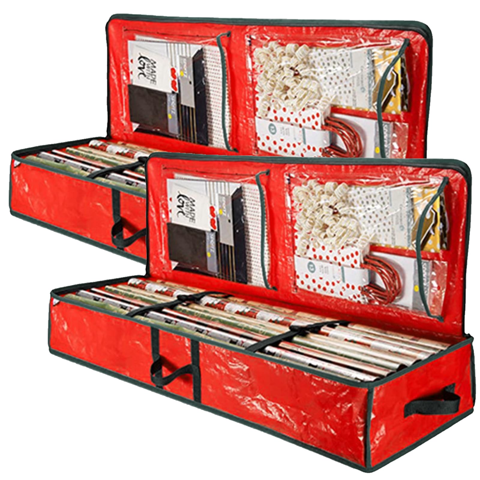 Christmas Wrapping Paper Storage Bag with Interior Pockets and Reinforced Handles, Large Fabric Gift Wrap Organizer Storage, Tear-Proof Xmas Gift Wrap Organiser for Bows, Tags & Ribbons(2PCS)