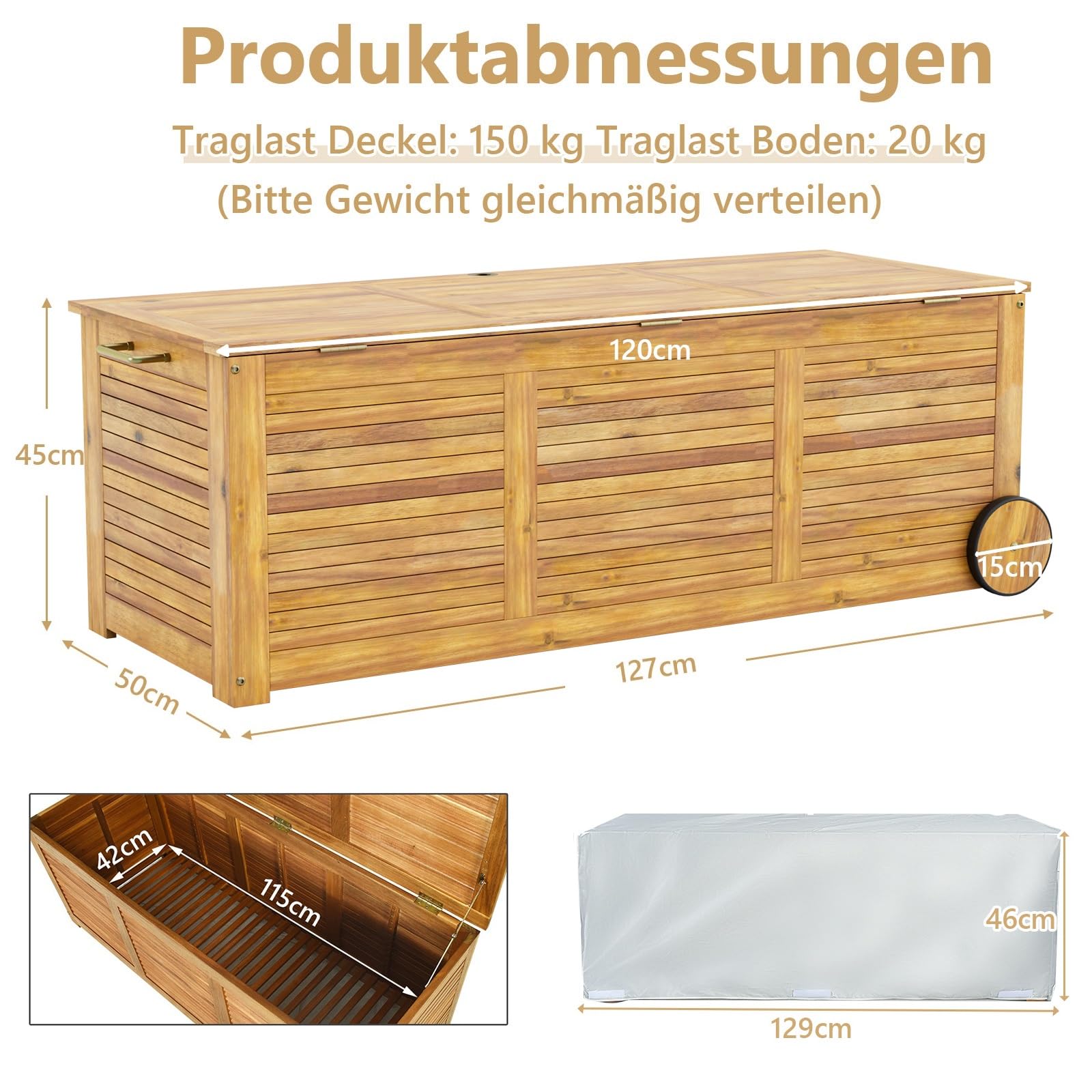 GIANTEX Gartenbox Holz Auflagenbox Gartentruhe Kissenbox Holzbox Garten | Wetterfest mit Abdeck- & Innenplane, Mobil mit Rollen & Griff, Aufbewahrungsbox Garten, Holztruhe Outdoor, für Gartenauflagen