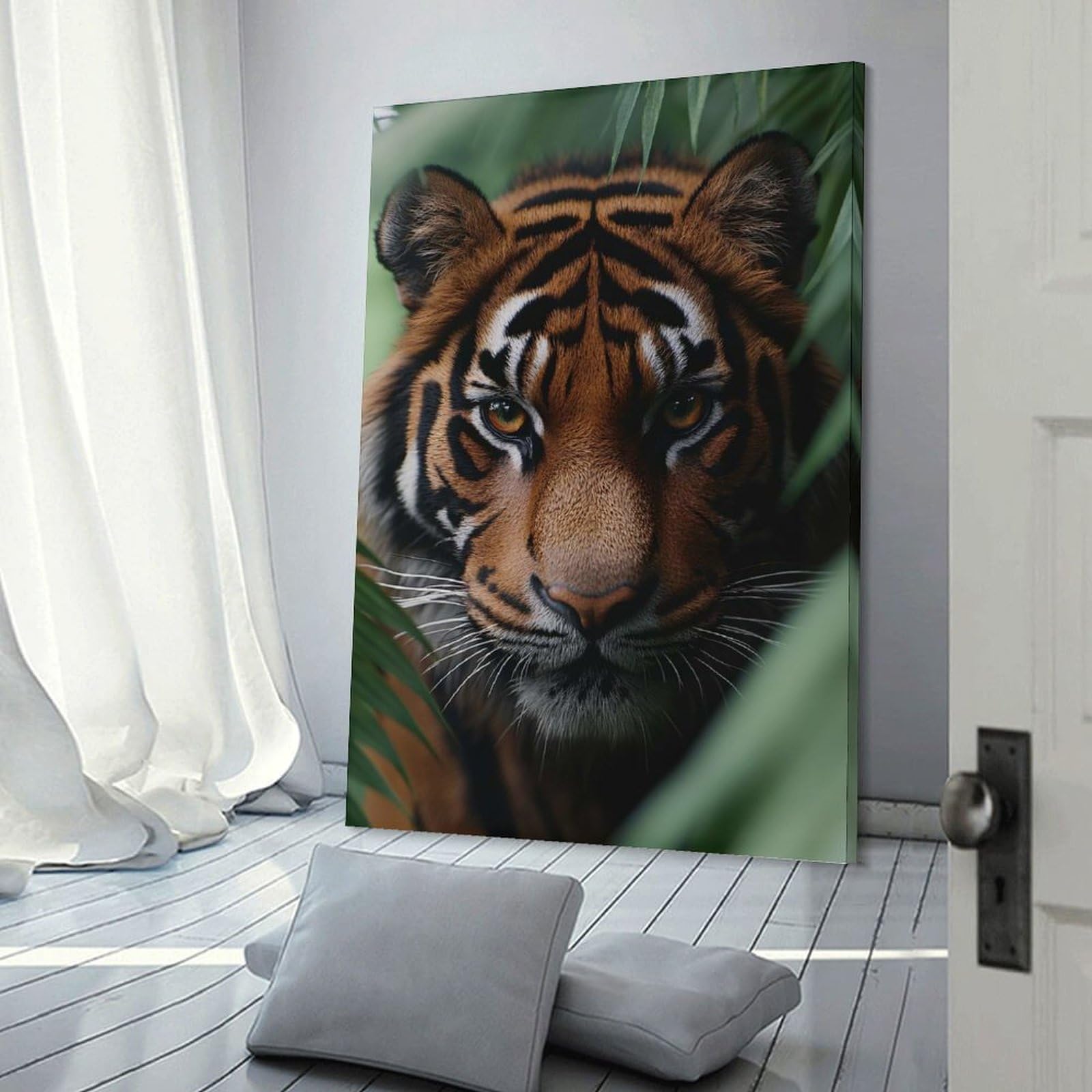 Junmoney Tiger Portrait in Lush Greenery Wall Art Print, 08x12inch(20x30cm), for Entryway, Lounge Links Or Small Walls, Decorative Wall Art for Narrow Spaces