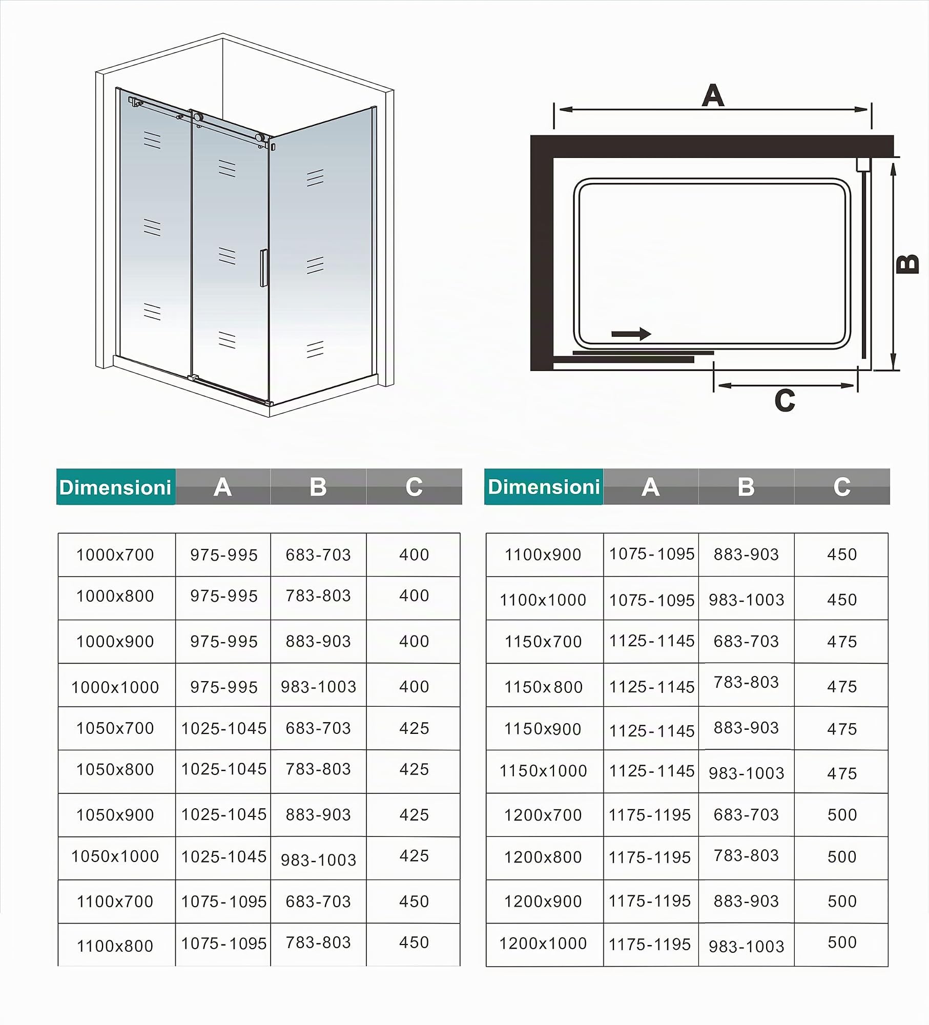 200cm Box Doccia Angolare Scorrevole 120cm 80cm Vetro 8mm | Parete Anticalcare, Trasparente Vetro Temperato, Telaio Nero Opaco