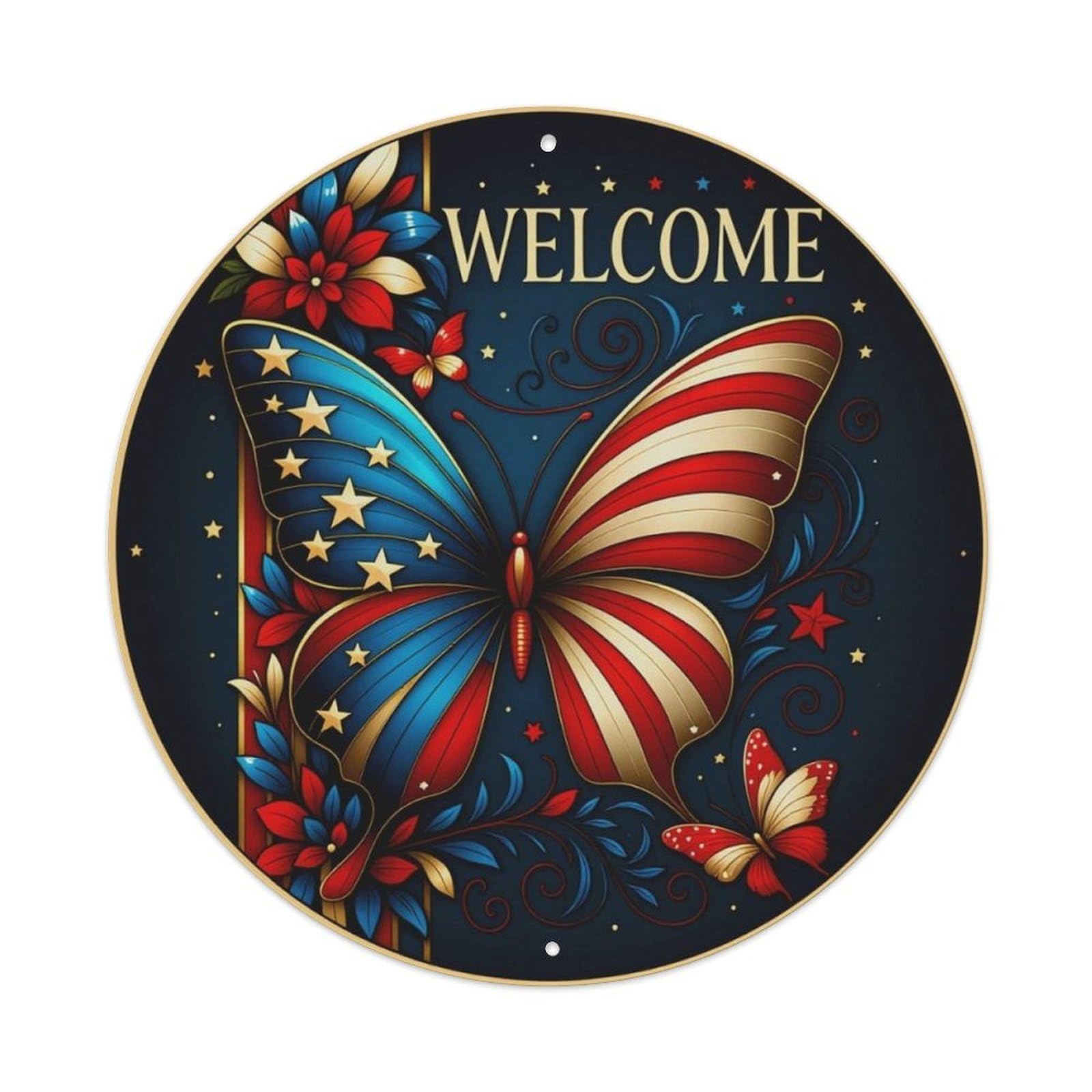 American Flag Butterfly Welcome Round Decor Sign Vintage Aluminium Metal Sign, Retro Wall Decor for Home, Bar, Garage & Farmhouse 20x20cm