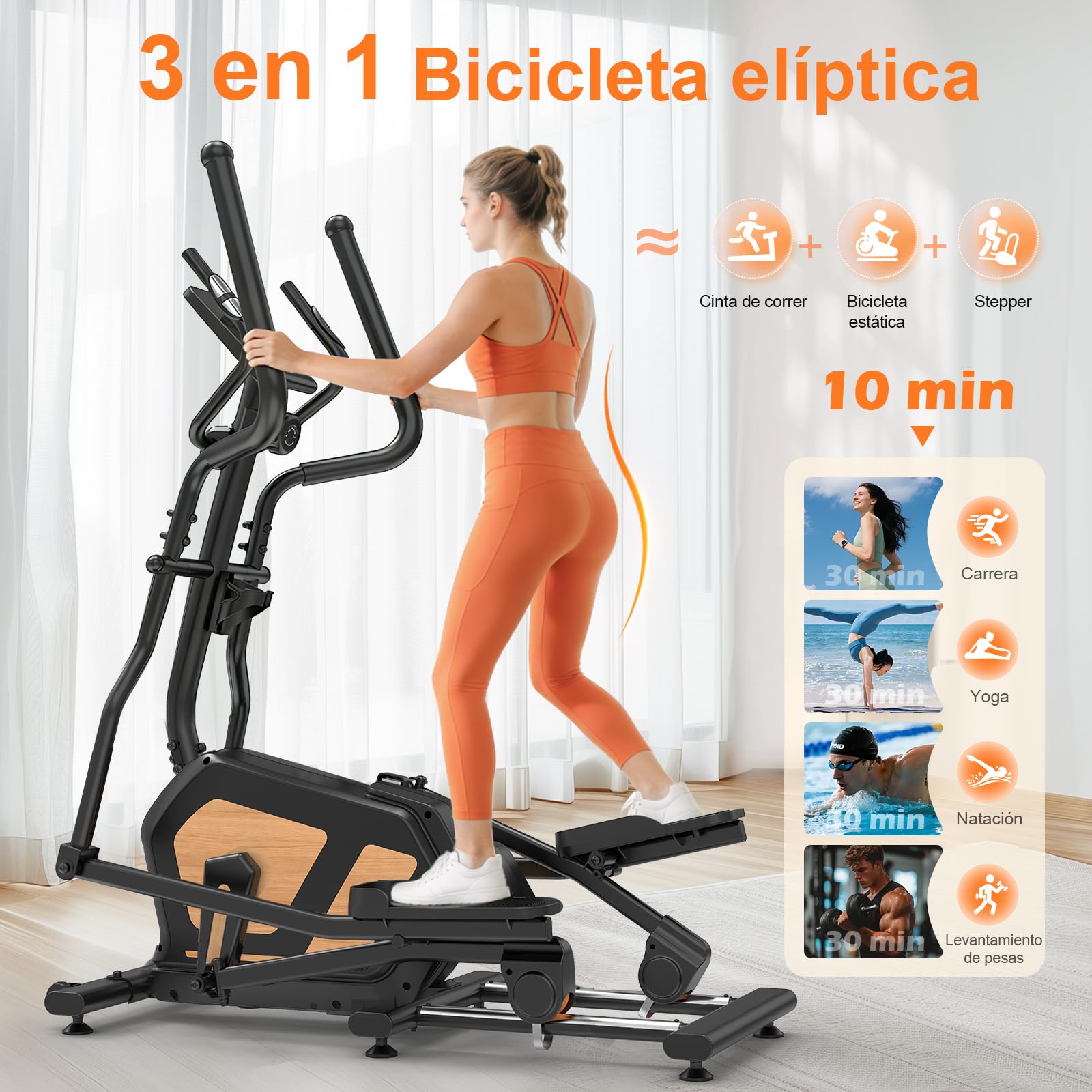 Neezee Bicicleta Eliptica 3 en 1, 16 Niveles de Resistencia, Volante 10kg | Bicicleta Elíptica Silenciosa con Bluetooth,Zancada 45cm,Peso Máx 150kg, Sensores de Pulso,Pantalla LCD, Soporte para Móvil