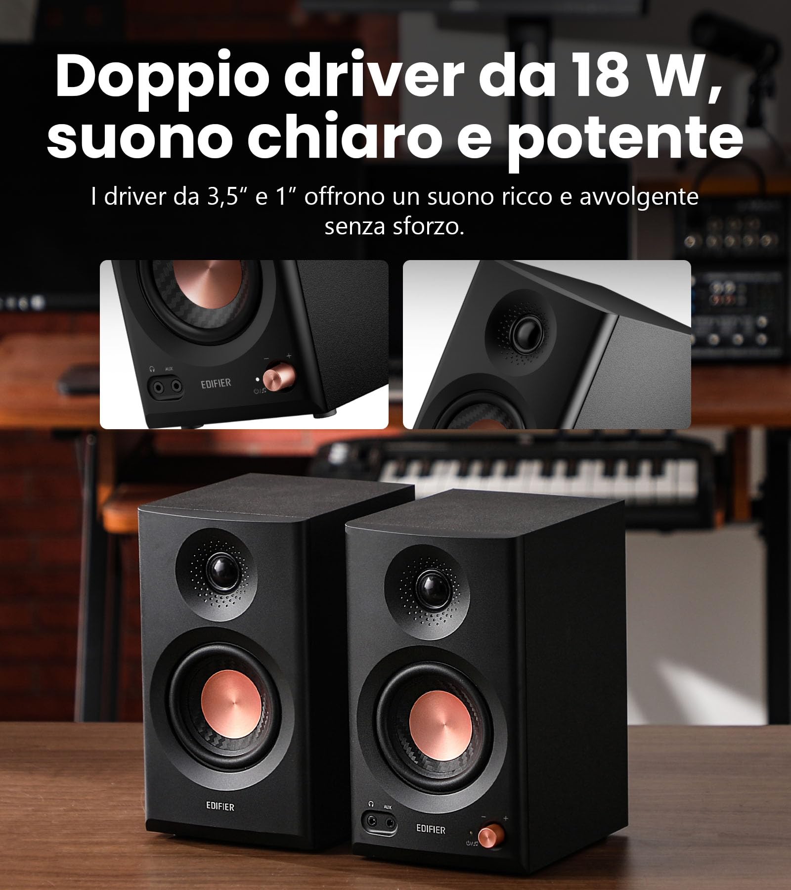 Edifier MR3 - Altoparlanti da Studio Compacts 2.0, Hi-Res Audio, Bluetooth V5.4, Controlli Fisici RCA, AUX, App Mobile, 2 x 18 W, Nero