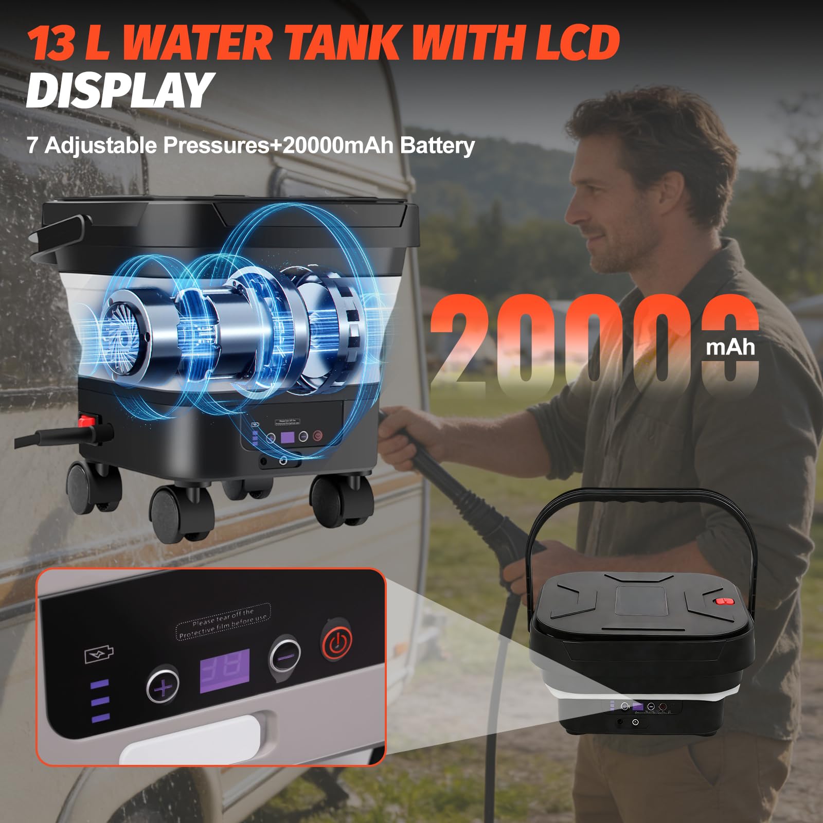 Idropulitrice portatile con serbatoio da 13 l, idropulitrice pieghevole ad alta pressione ugello 6 in 1 Pulitore elettrico portatile per esterni Tubo da 7 m, idropulitrice mobile 660 PSI per