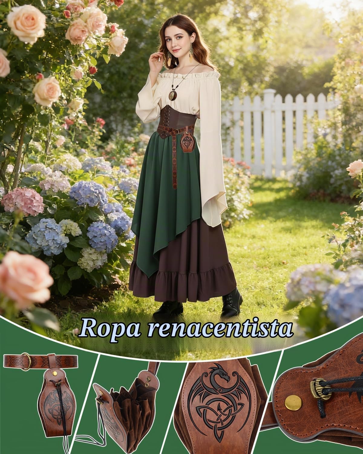 8 Pcs Ropa Medieval para Mujer con Accesorios y Caja | Disfraz Renacentista para Mujer con Corsé, Riñonera, Cinturón, Vestido Victoriano para Carnaval, Halloween, Fiestas