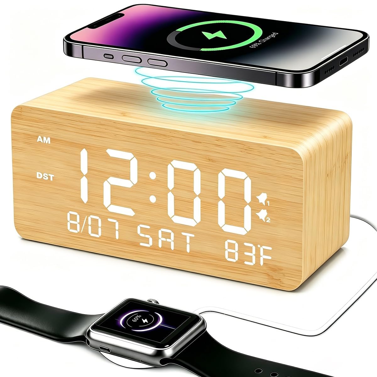Andoolex Reloj despertador digital de madera con carga inalámbrica y brillo ajustable