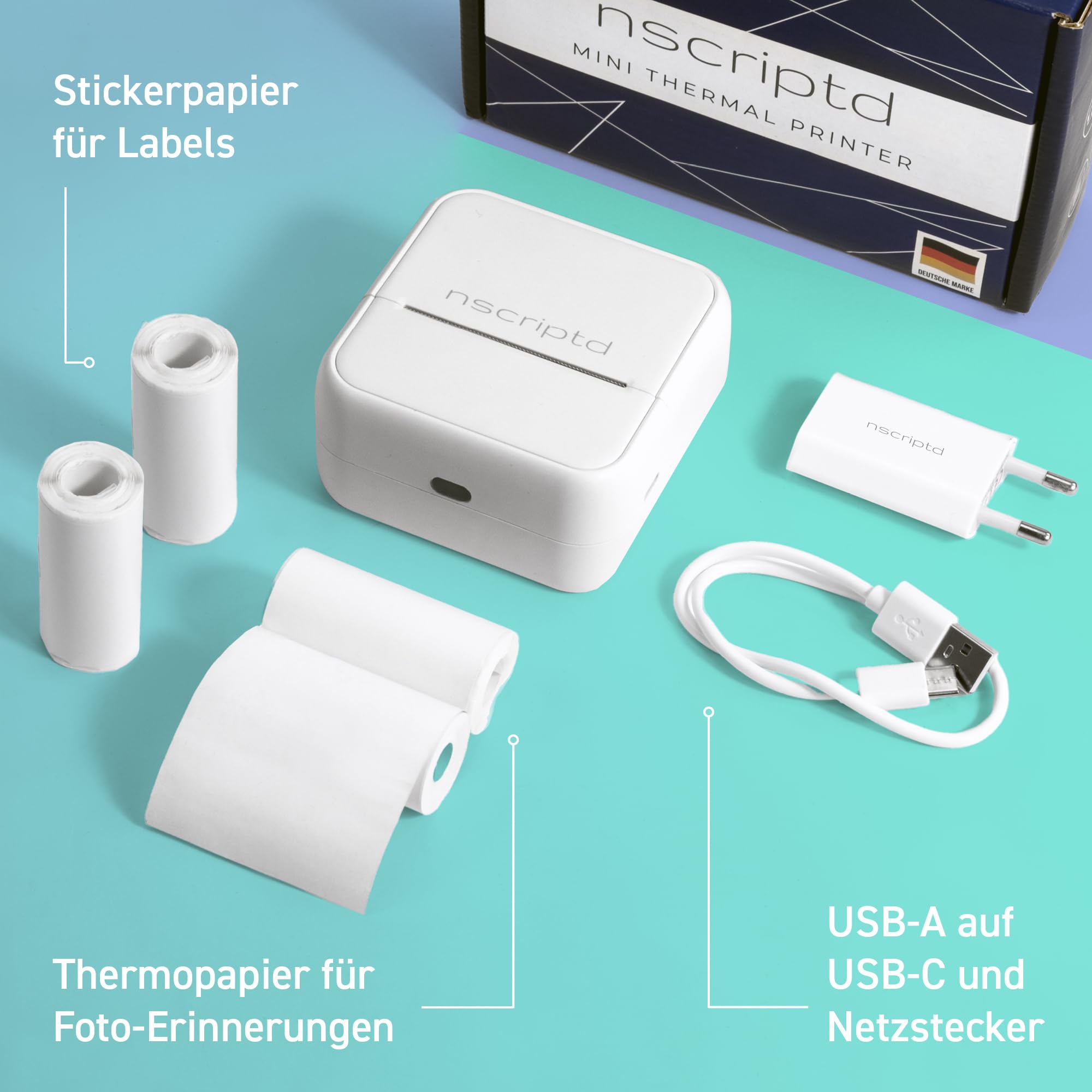 Mini Drucker Thermodrucker – Komplett-Set mit 4 Rollen, Kabel & Netzteil – Bluetooth für iOS & Android – Tintenfrei, sofort startklar – Designed in Germany
