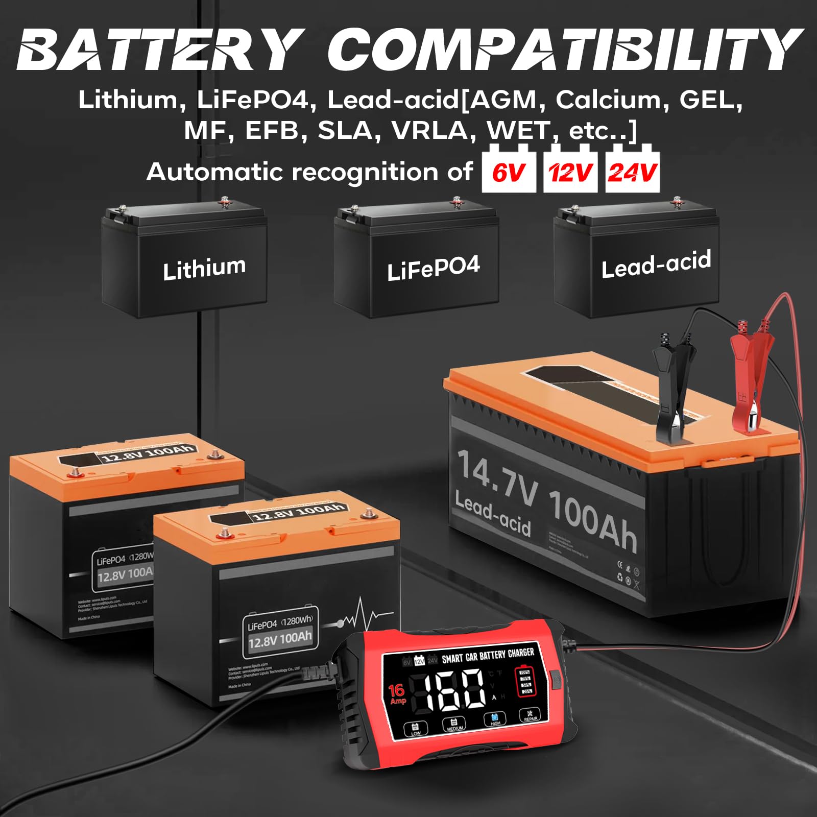 LiFePO4 - Caricabatteria da auto da 16 A, 6 V/12 V/24 V, con display LCD, compensazione della temperatura, modalità di riparazione per batterie auto, auto, barche