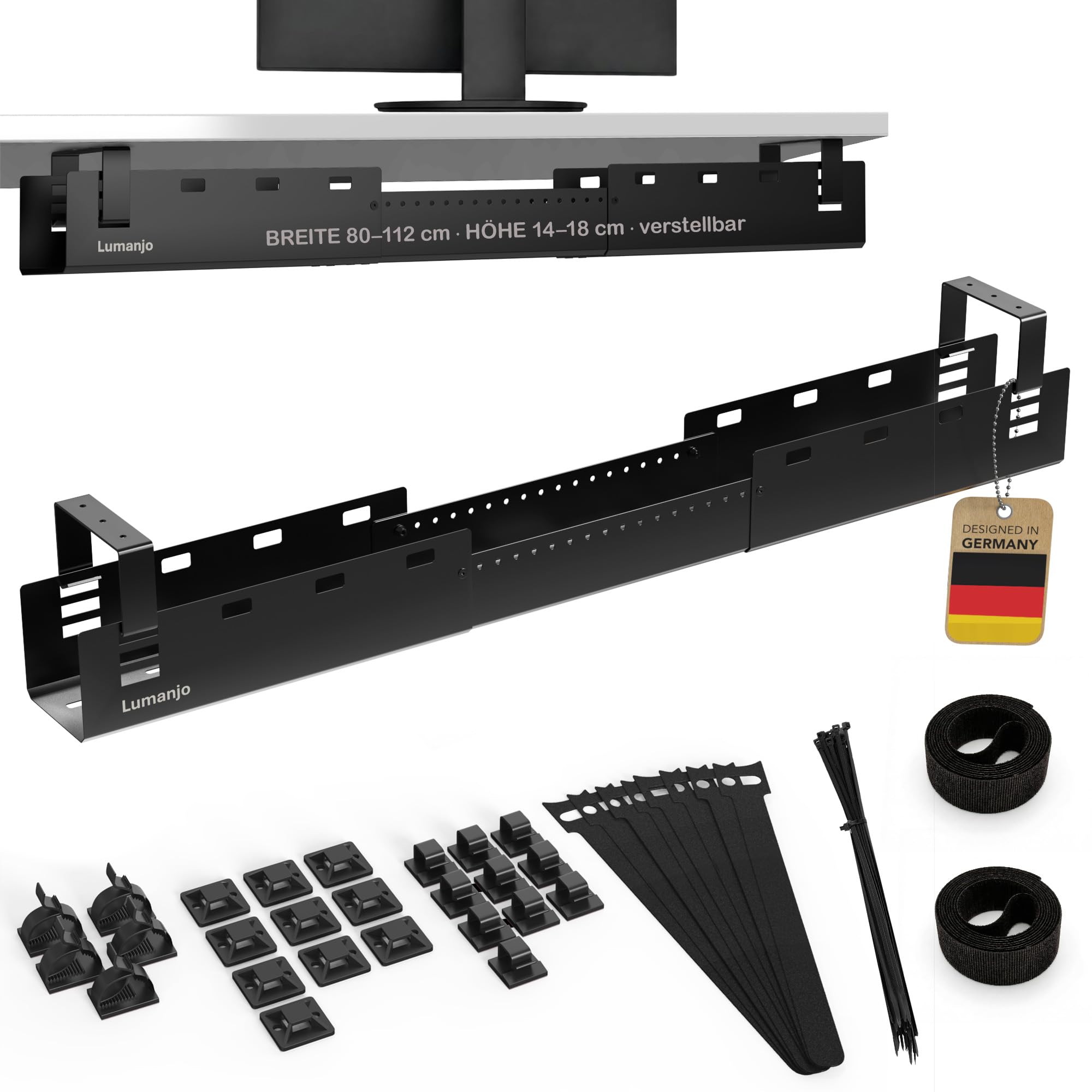 Kabelkanal Schreibtisch ausziehbar 80-112cm - Kabelwanne Schwarz | 3-fach höhenverstellbarer Kabel Organizer. Pulverbeschichteter Stahl. Komplett-Set inkl. 50+ Zubehör, bis 14kg belastbar.
