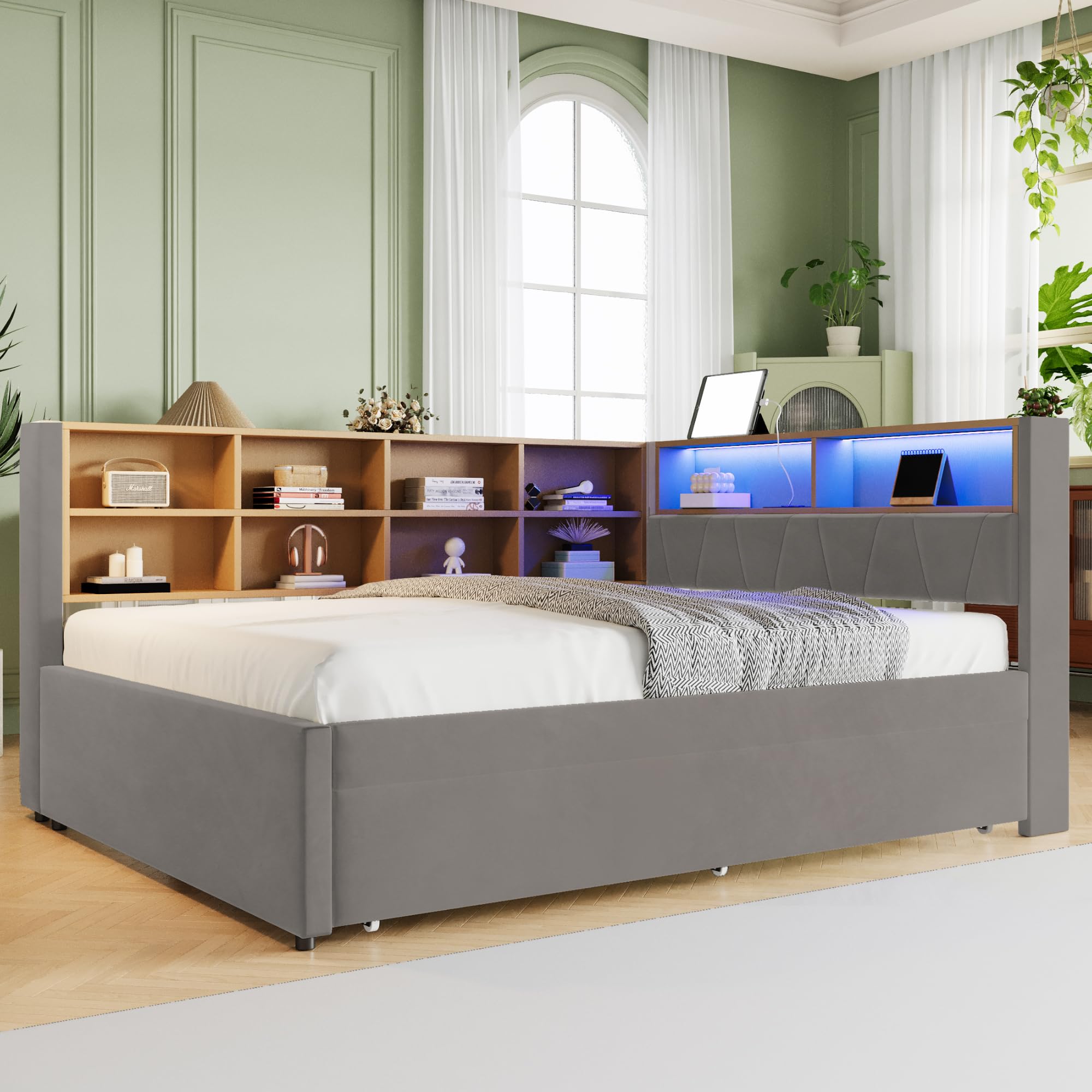 Letto imbottito Daybed 140x200cm, Divano letto con letto estraibile, Letto matrimoniale con luci LED, Prese e scomparti, Divano letto multifunzionale, Telaio del letto, Flanella (Grigio scuro
