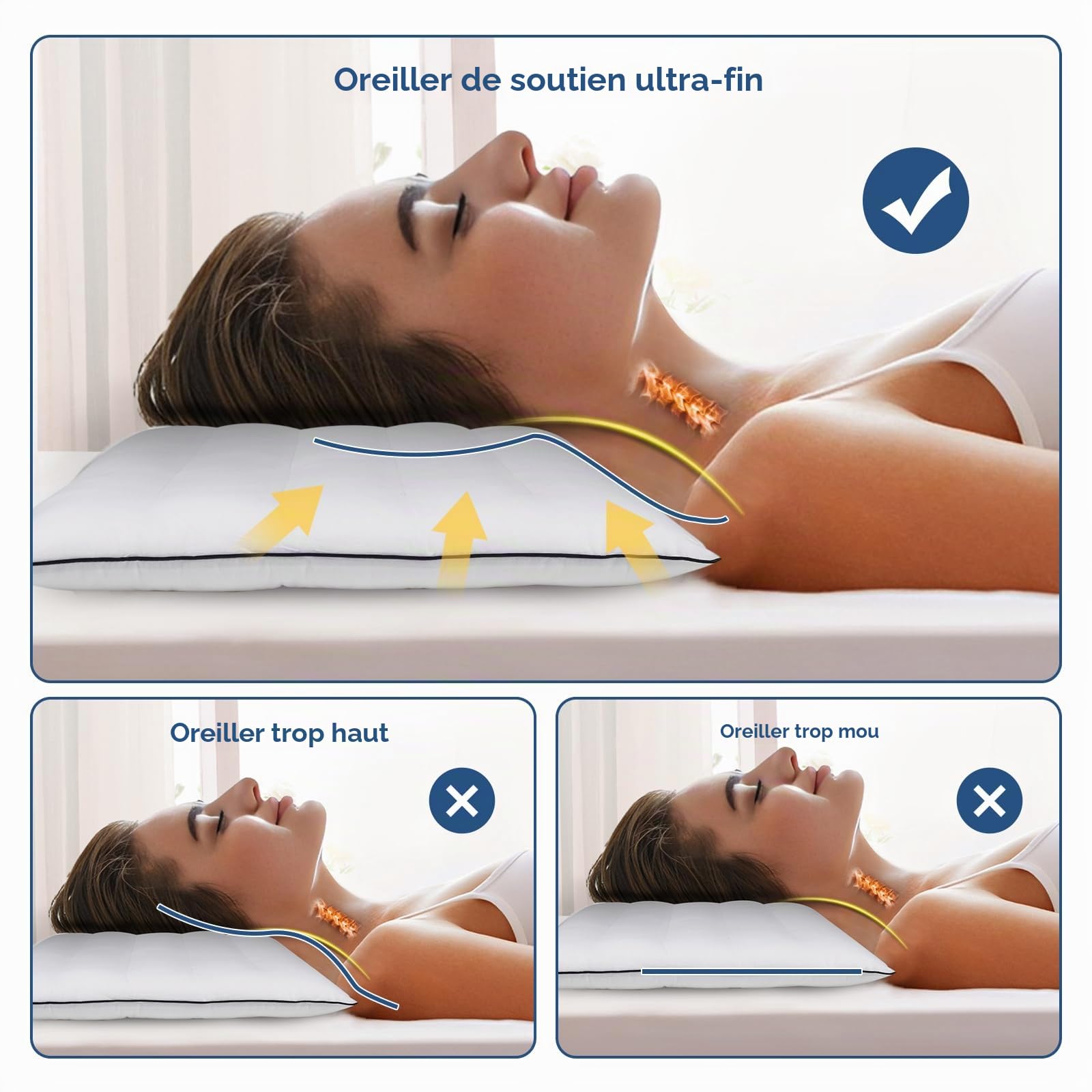 MINUPWELL Lot de 2 oreillers Ultra Fins, oreillers Plats pour Dormir, Mince avec Soutien de Hauteur 7D de 6,3 cm, oreillers de lit Fins pour Les dormeurs sur Le Ventre, Oreiller Discret Taille
