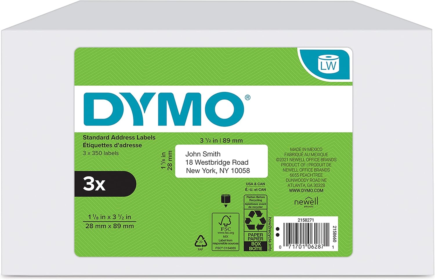 DYMO LW Authentic White Mailing Address Labels 1-1/8" x 3-1/2" - 3 Rolls of 350 (1050 Total) for LabelWriter Printers
